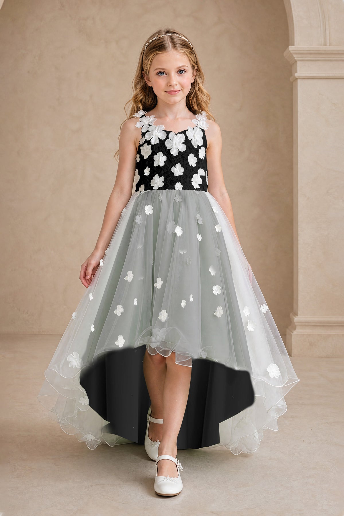 BOLODOO Black Flower Girl Dress with Floral Appliqué and High-Low Tulle Skirt - Black