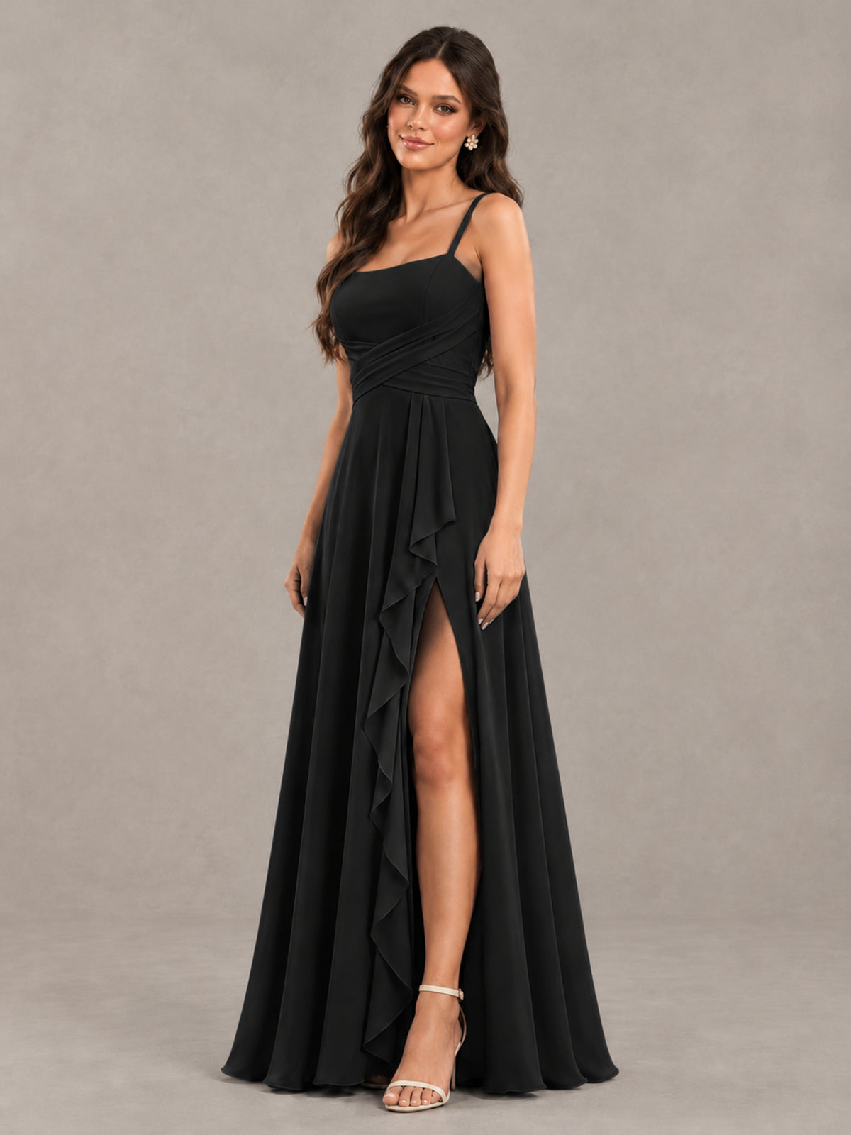 BOLODOO Black Spaghetti Strap Ruffle Bridesmaid Dress with Slit - Black - Black (3)