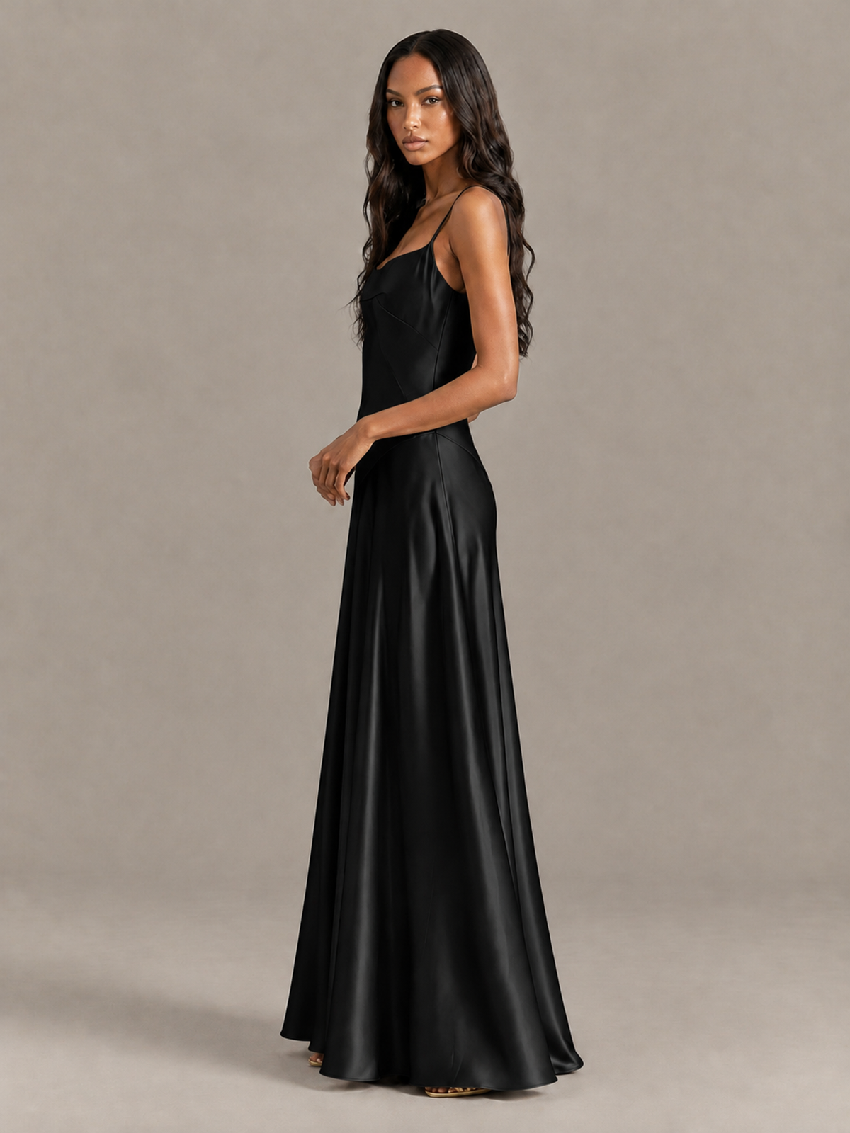 BOLODOO Black Satin Lace-Up Back Maxi Dress - Black