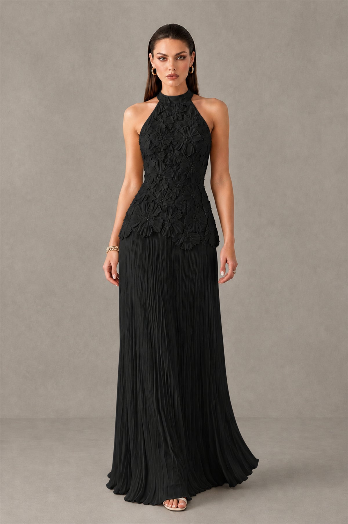 BOLODOO Black 3D Floral Applique Halter Neck Open Back Pleated Maxi Dress - Black