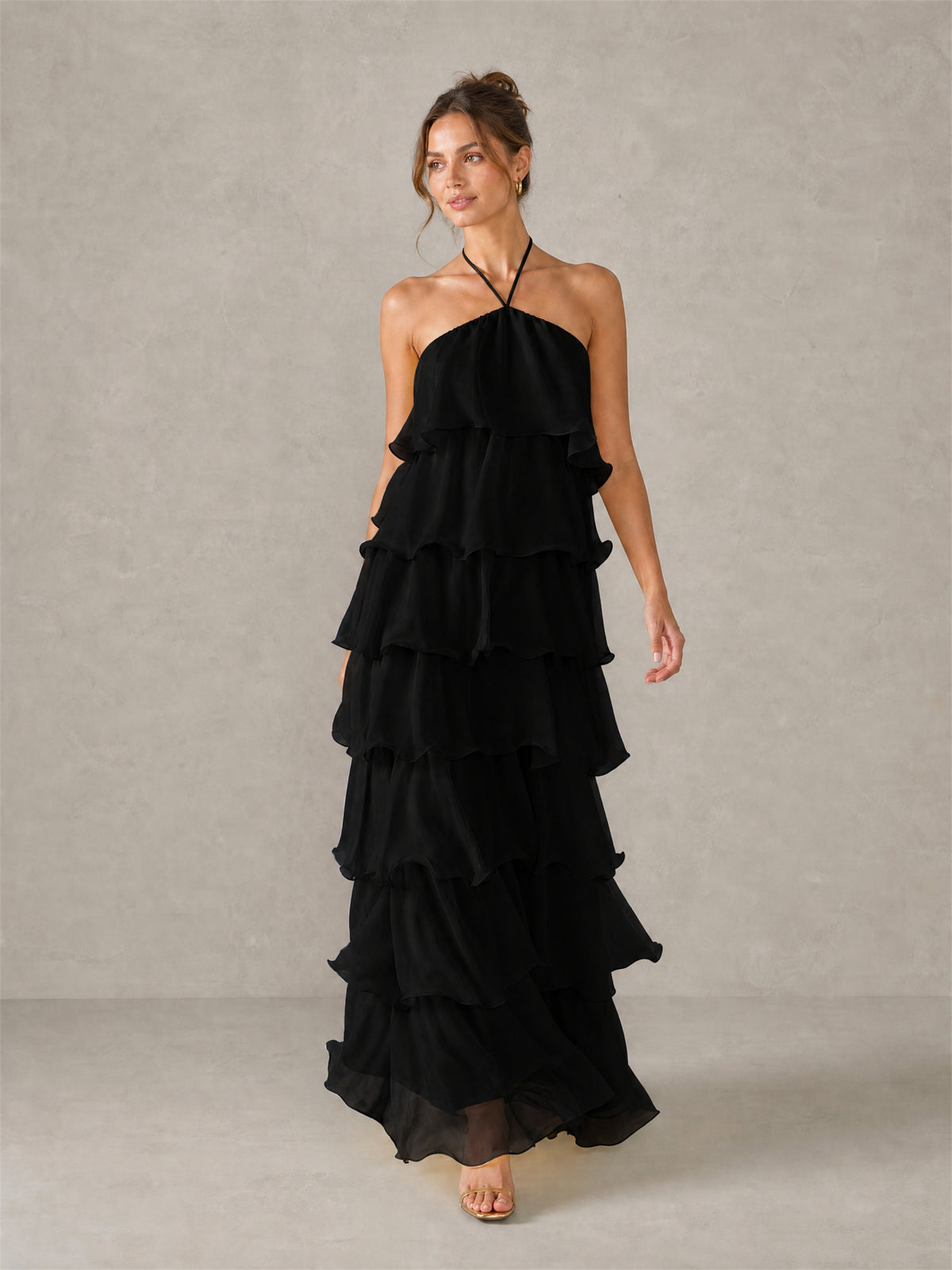 BOLODOO Black Halter Tiered Ruffle Chiffon Maxi Dress - Black