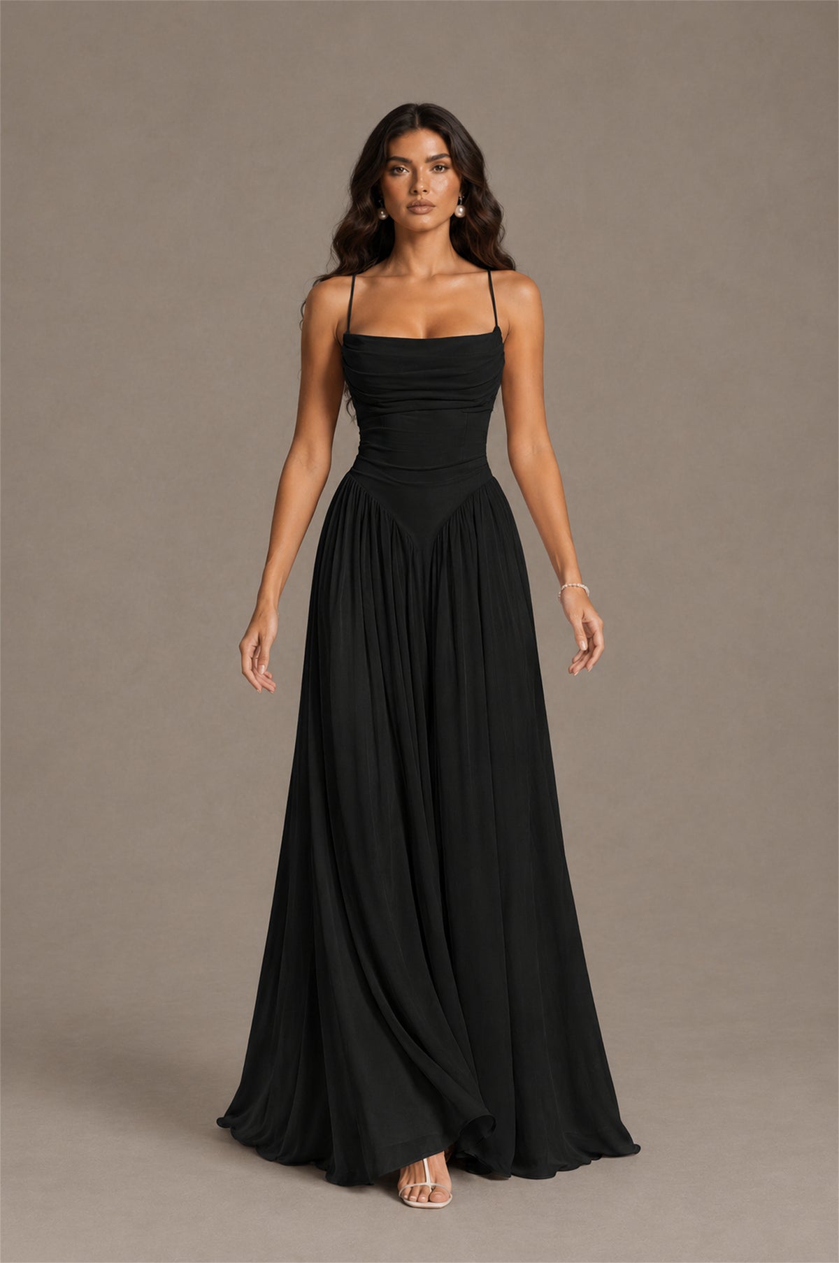 BOLODOO Black Spaghetti Strap Square Neck Ruched Chiffon Maxi Dress with Lace-Up Back - Black