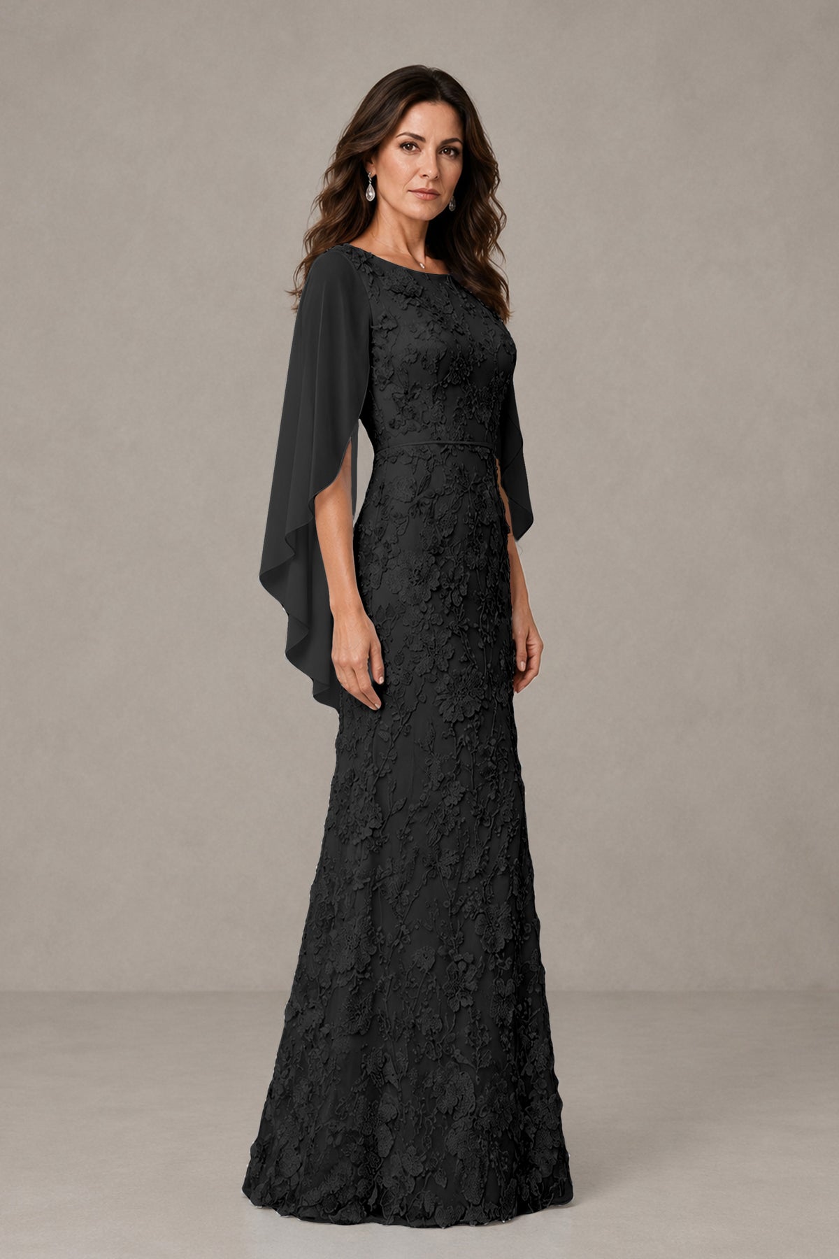 BOLODOO Black Lace Mother of the Bride Dress with Cape Sleeves - Black