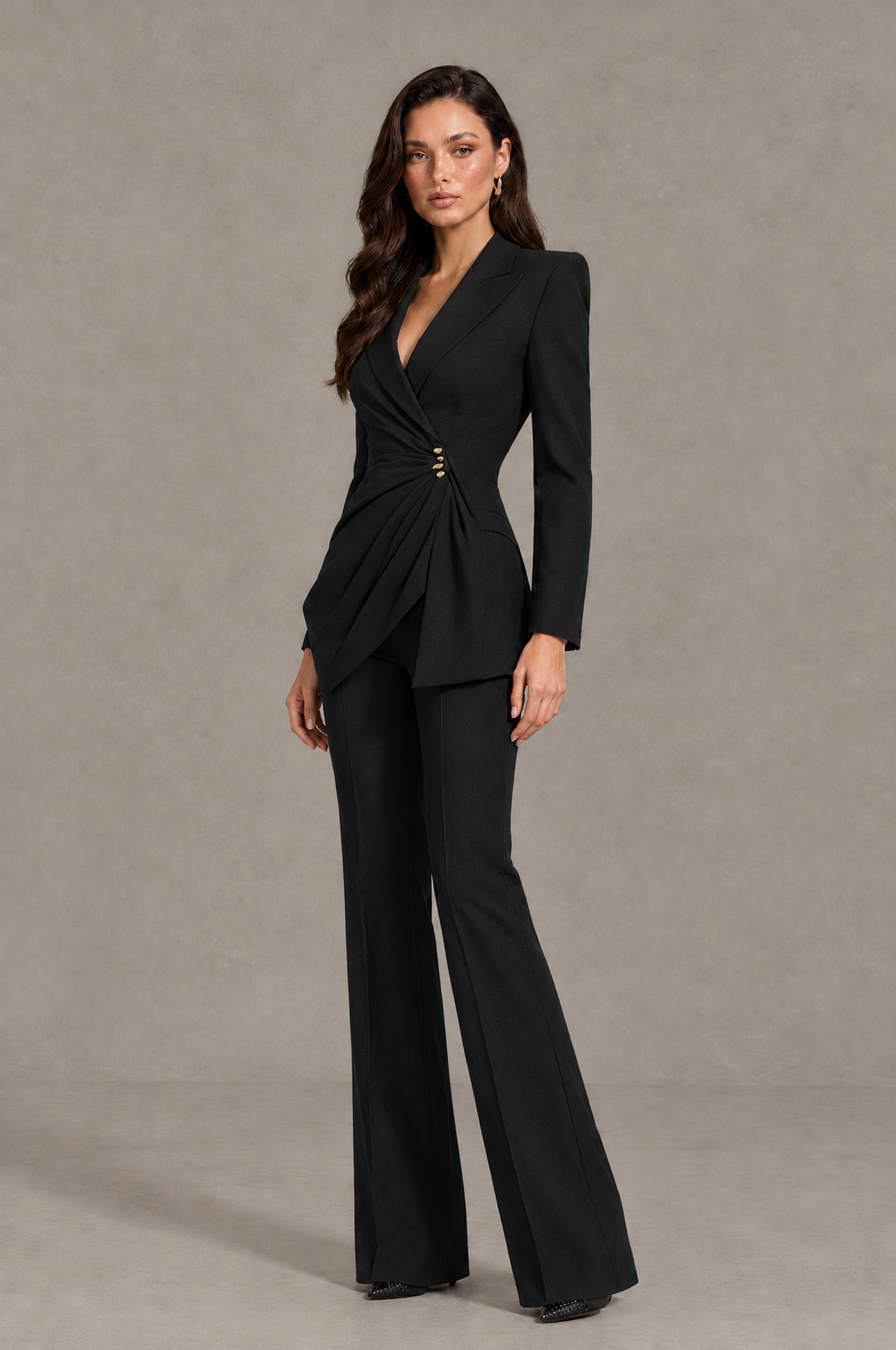 BOLODOO Black Long Sleeve Wrap Blazer Pantsuit with Wide-Leg Trousers - Black - Black (3)