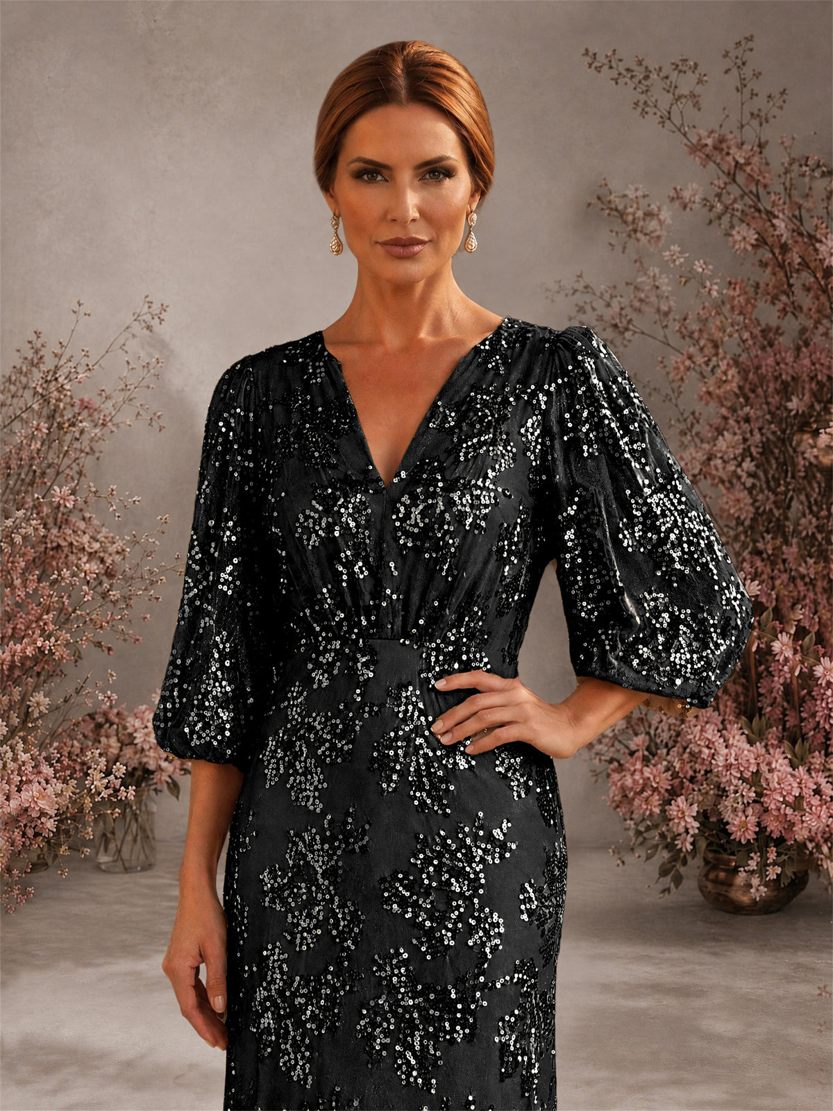 BOLODOO Black V-Neck Lantern Sleeve All-Over Sequin Floral Embroidered Mermaid Gown - Black