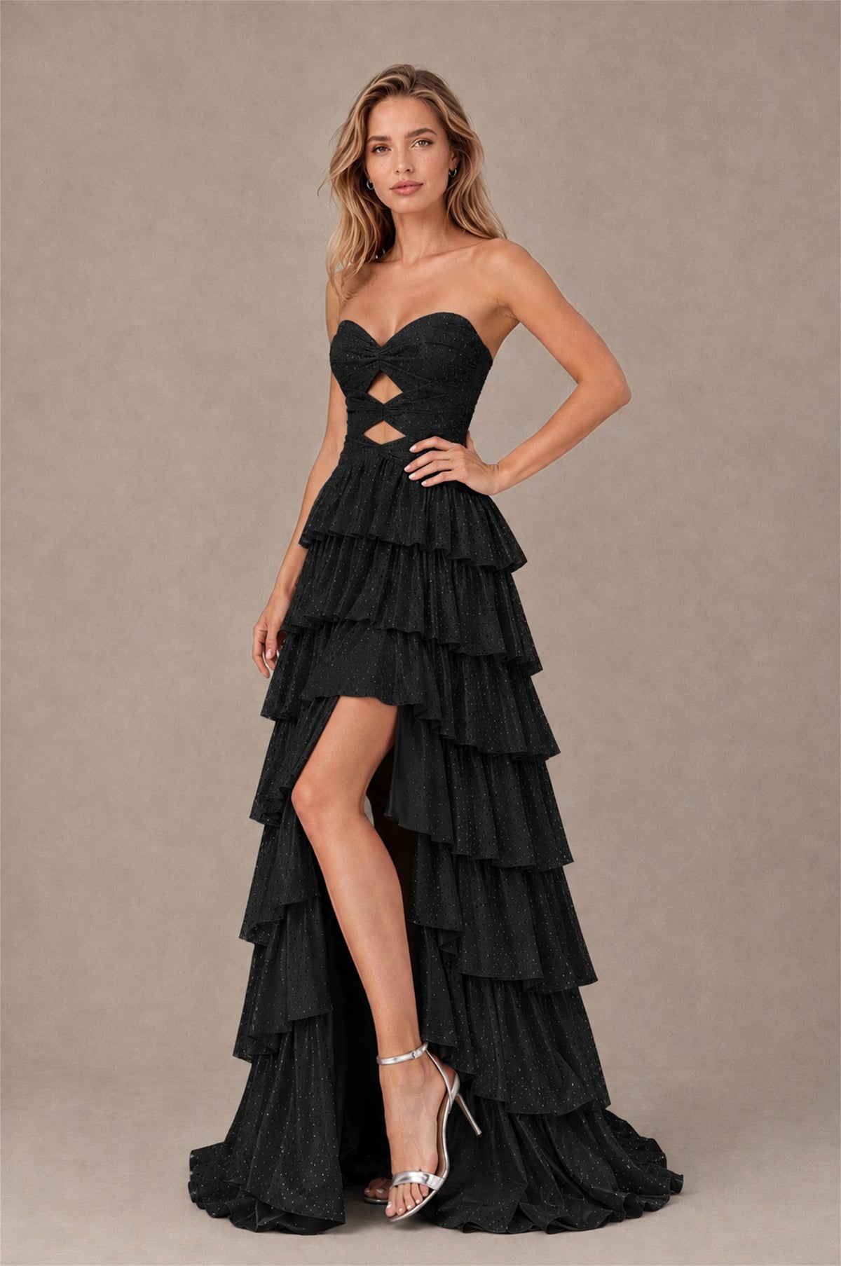 BOLODOO Black Strapless Cutout Tiered Ruffle Prom Dress with High Slit - Black - Black (3)