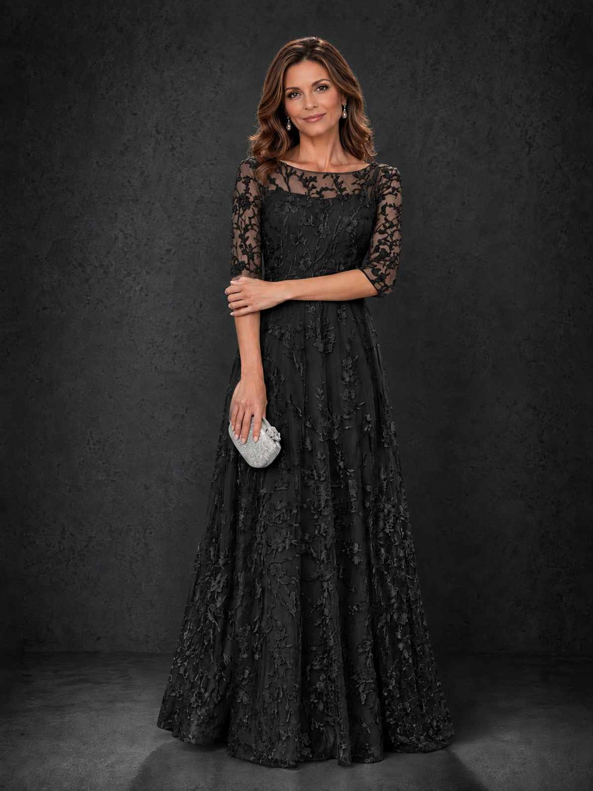 BOLODOO Wisteria Black Illusion Bateau Neck 3/4 Sleeve Floral Lace A-Line Mother of the Bride Dress MX007 - Black