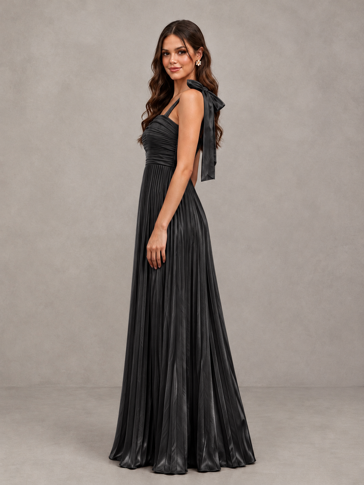 BOLODOO Black Pleated Bow-Strap Bridesmaid Maxi Dress - Black - Black (3)