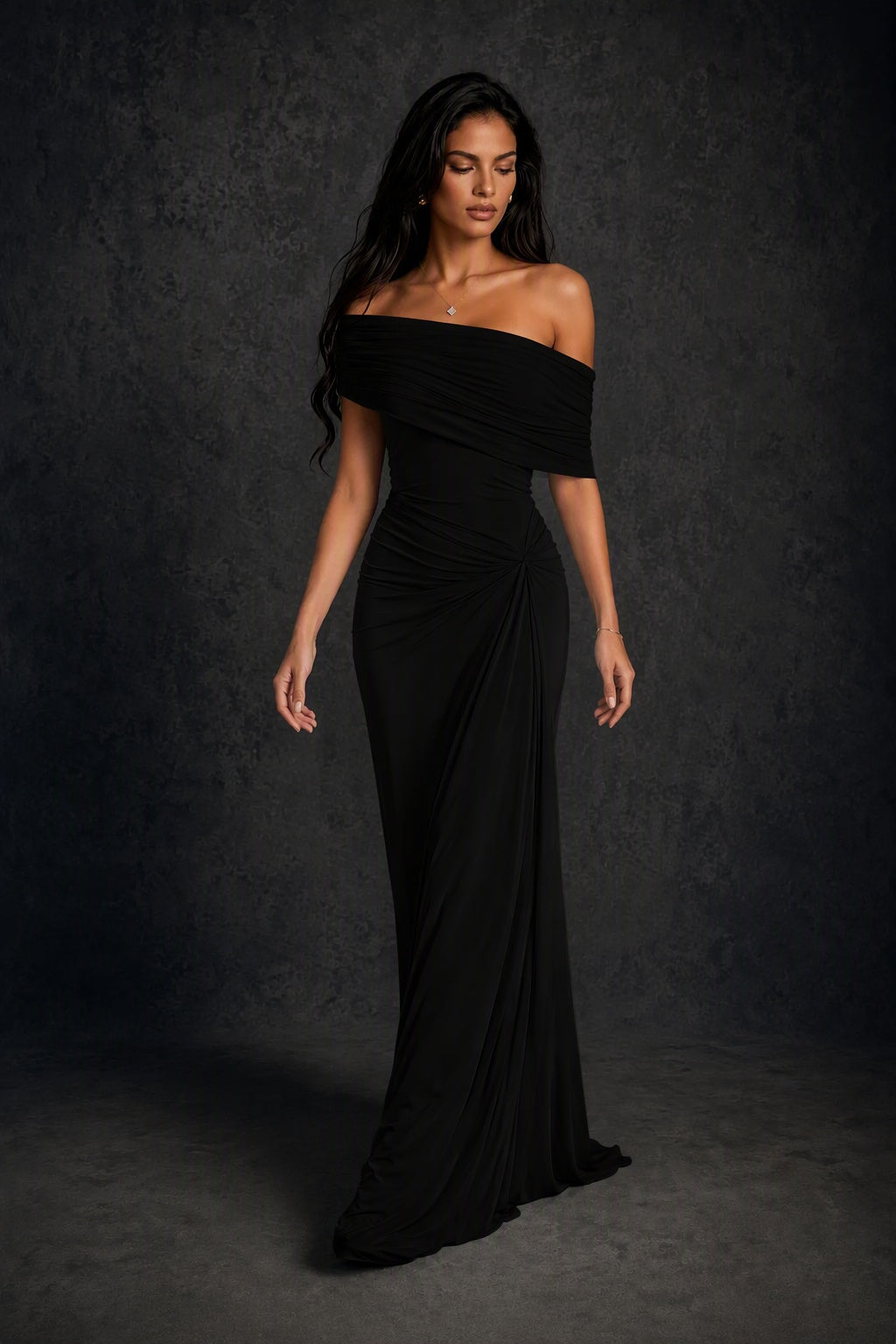 BOLODOO Black Off-Shoulder Ruched Maxi Dress - Black