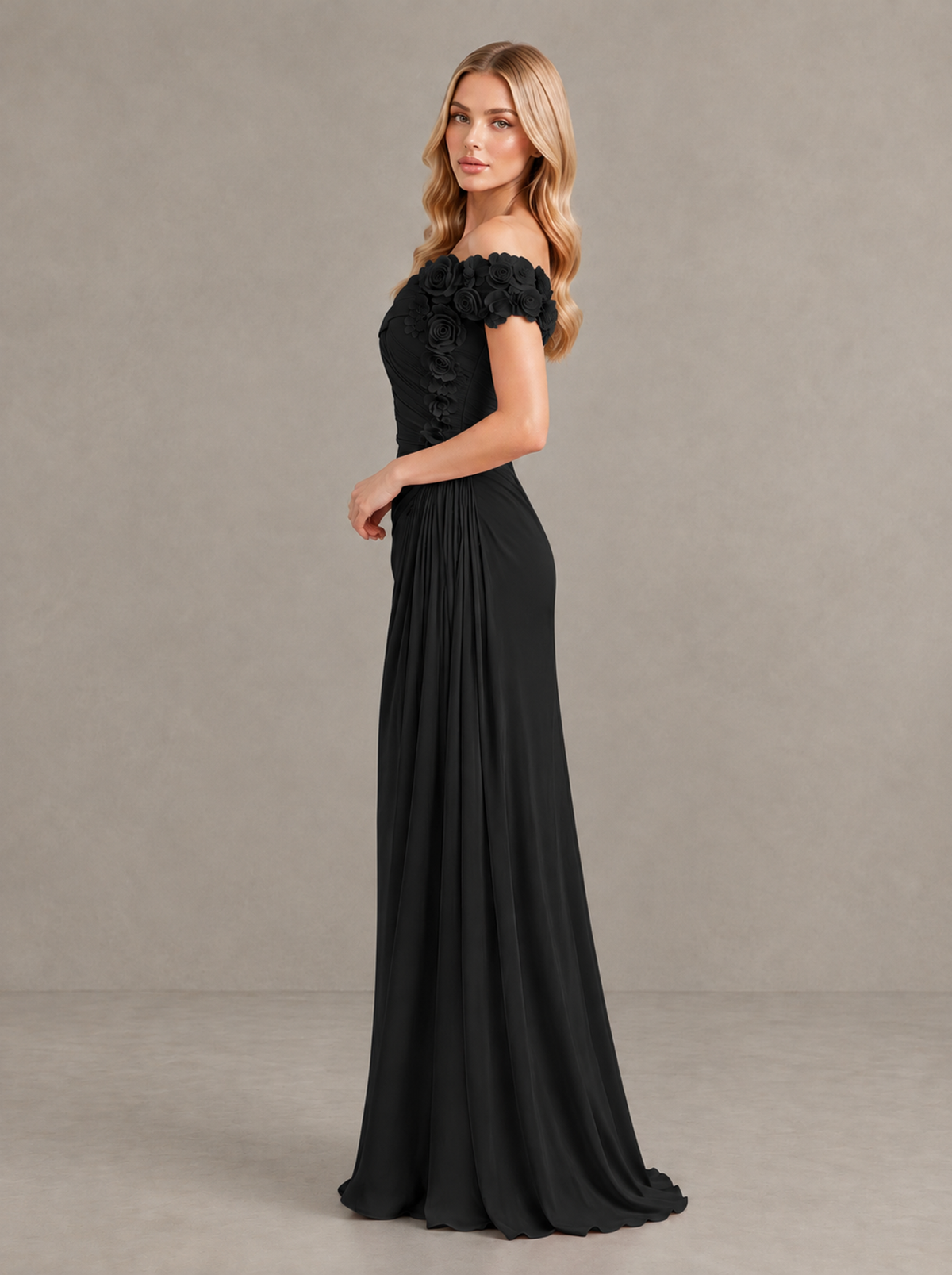BOLODOO Black Off-Shoulder Floral Applique Wedding Guest Maxi Dress - Black - Black (3)