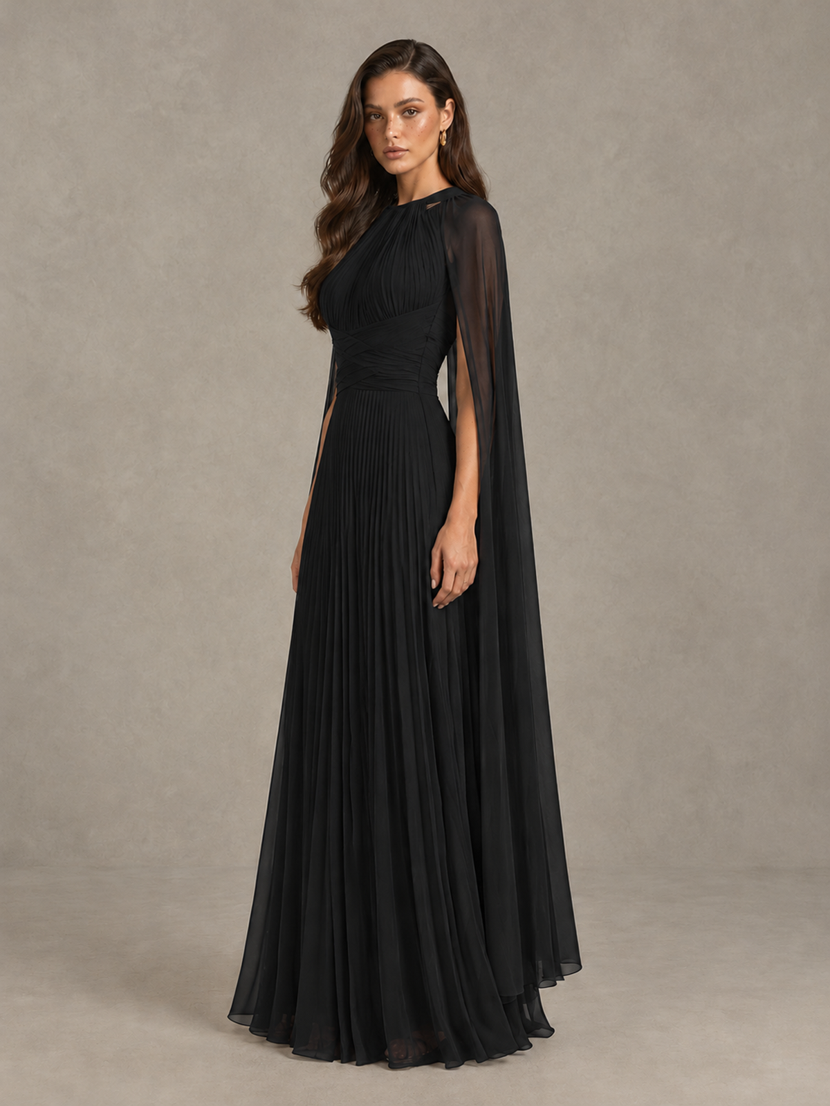 BOLODOO Black Pleated Cape Maxi Wedding Guest Dress - Black - Black (3)