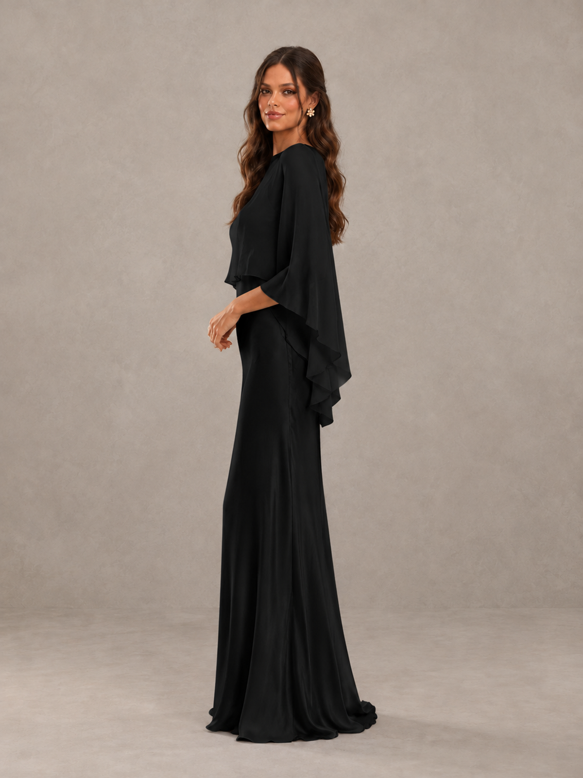 BOLODOO Black Satin Mermaid Bridesmaid Dress with Chiffon Cape - Black - Black (3)