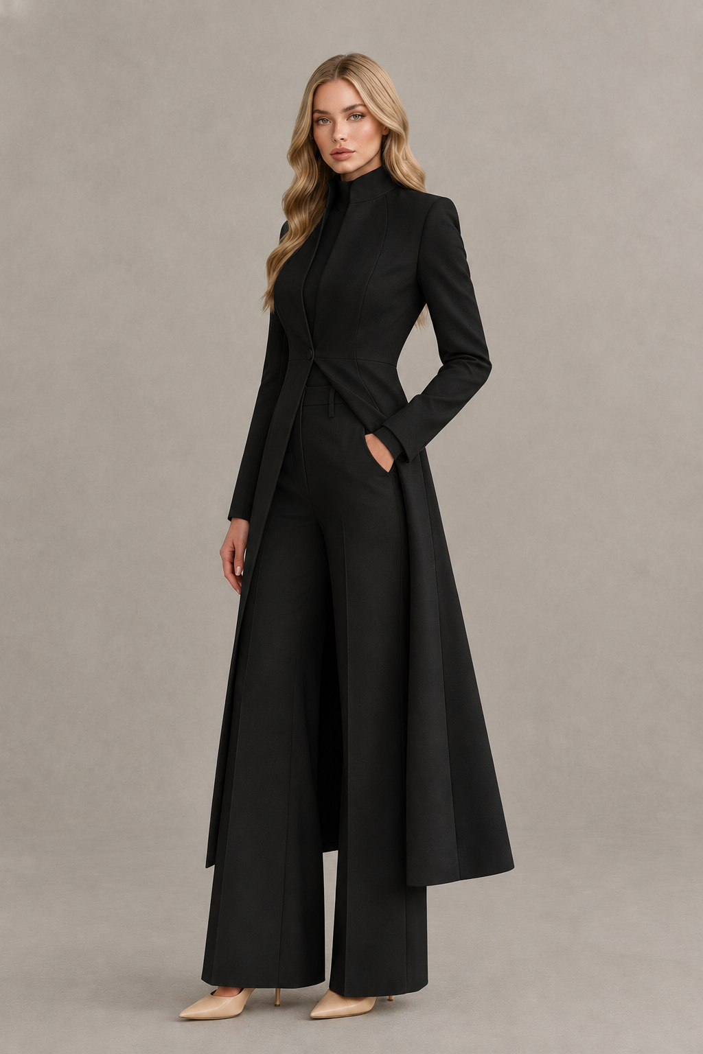 BOLODOO Black Longline Jacket Wide-Leg Formal Pantsuit - Black