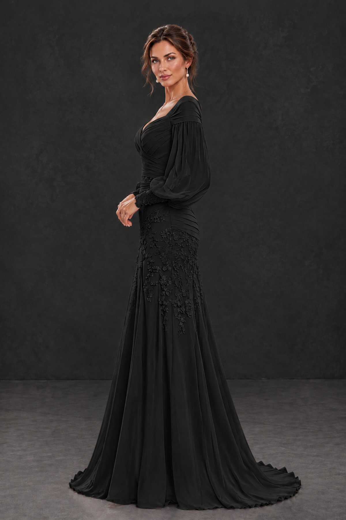 BOLODOO Black Long Sleeve Mother of the Bride Dress with Floral Appliqués - Black - Black (3)