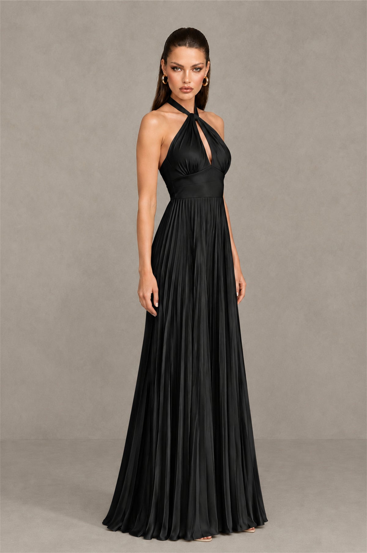 BOLODOO Black Halter Pleated A-Line Evening Dress - Black