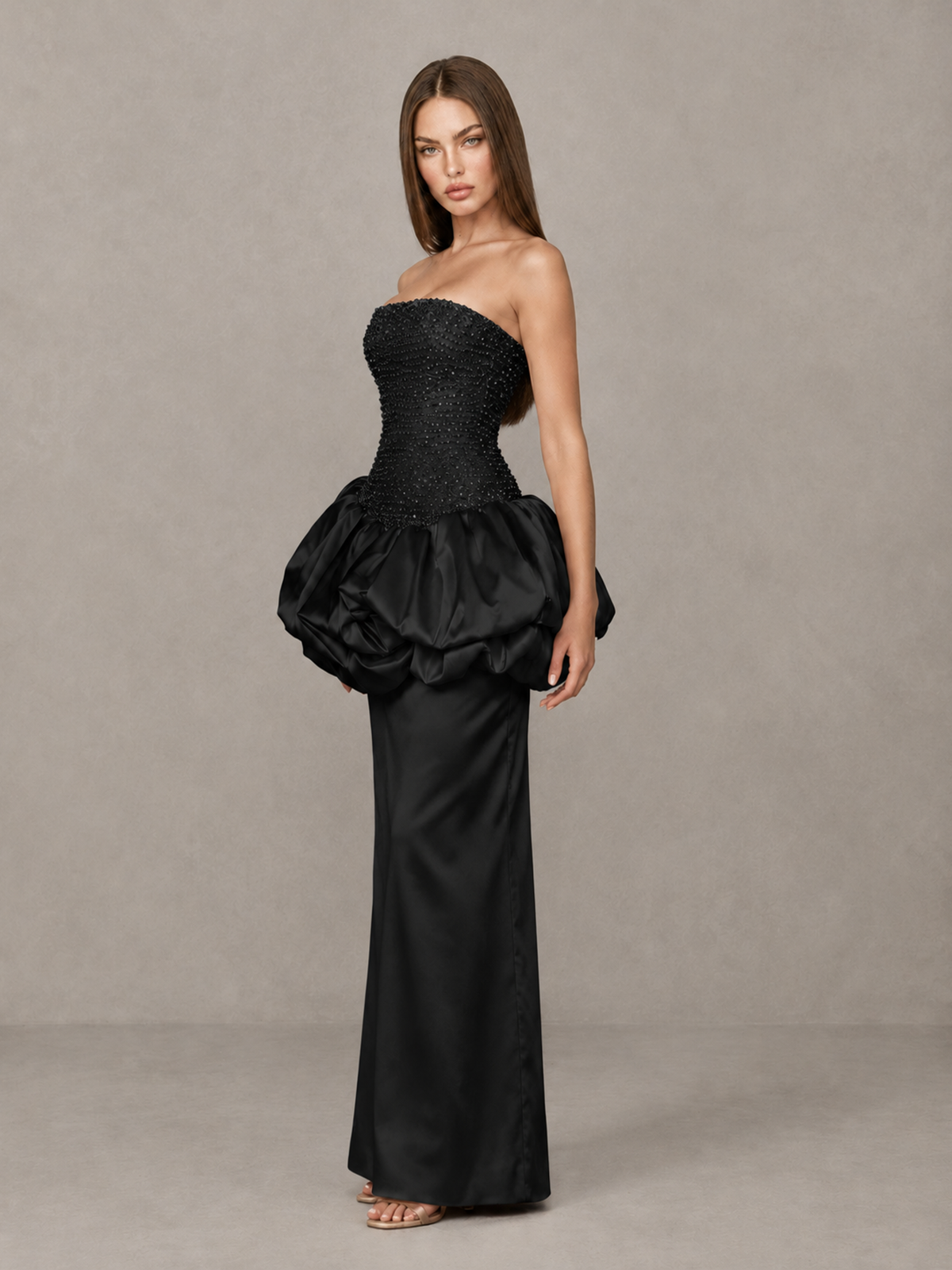 BOLODOO Black Strapless Embellished Bubble Peplum Evening Dress - Black - Black (3)