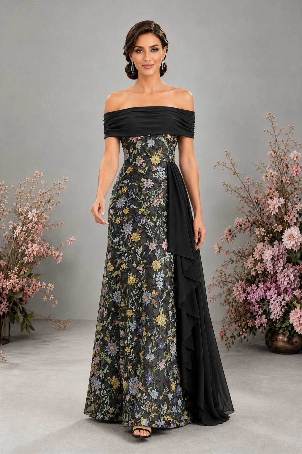 BOLODOO Black Floral Embroidered Off-Shoulder A-Line Floor Length Gown | Mother of the Bride & Evening - Black - Black (3)