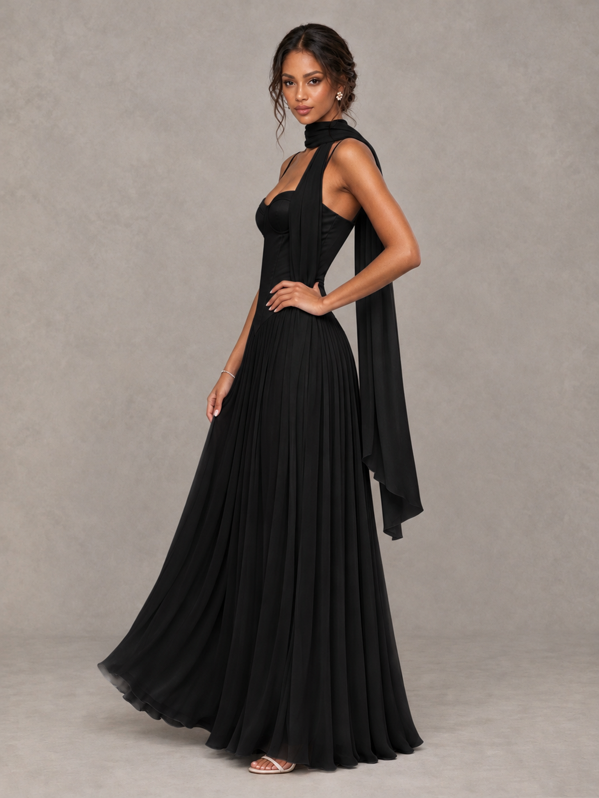 BOLODOO Black Corset Bridesmaid Dress with Scarf - Black - Black (3)