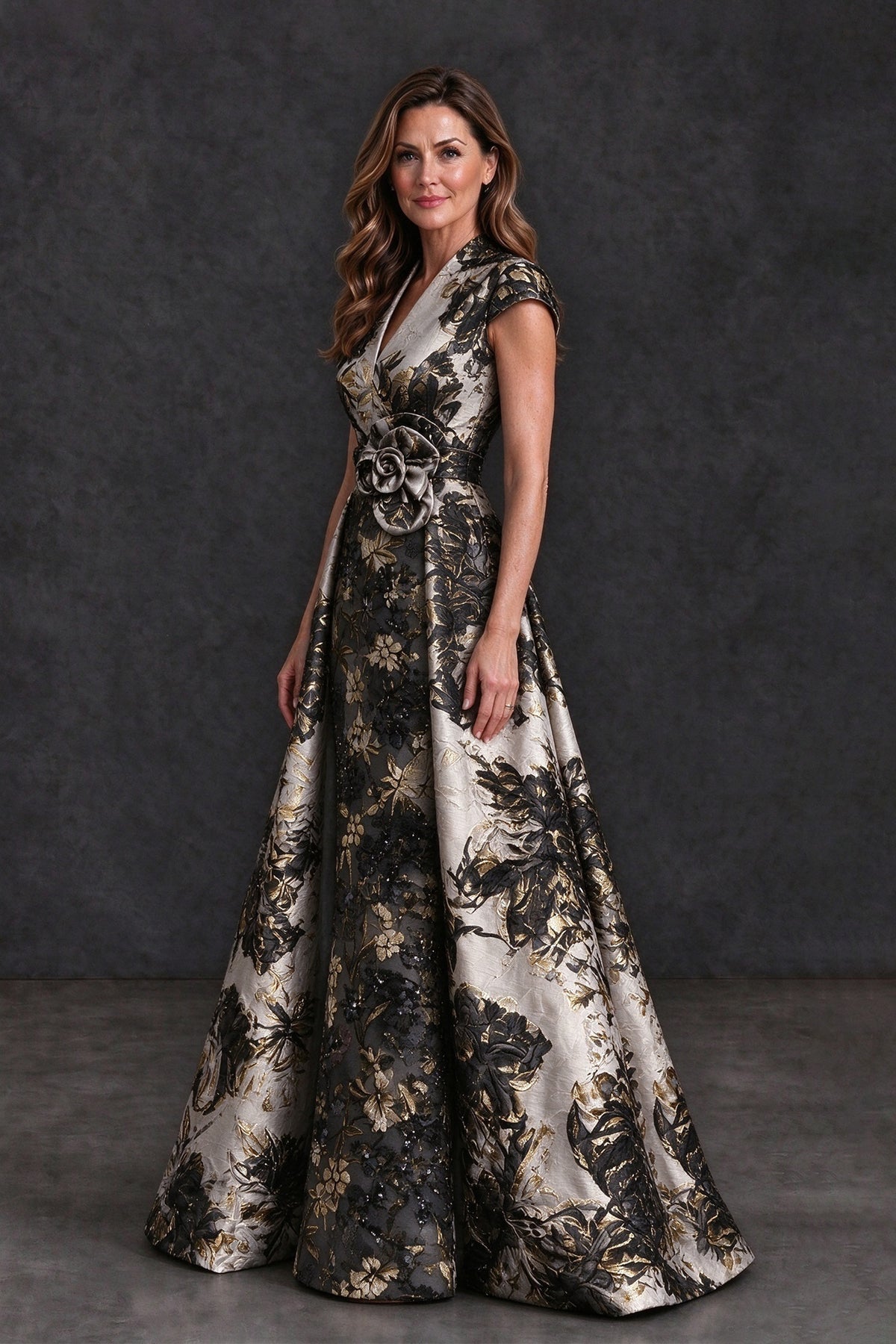 BOLODOO Black Floral Jacquard V-Neck Mother of the Bride Dress - Black - Black (3)