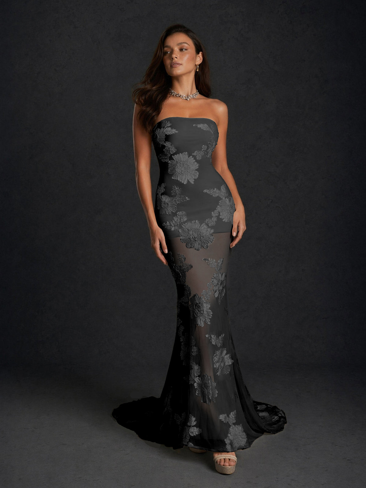 BOLODOO Black Champagne Gold Floral Sequin Embroidered Mesh Strapless Open Back Mermaid Maxi Dress with Train - Black