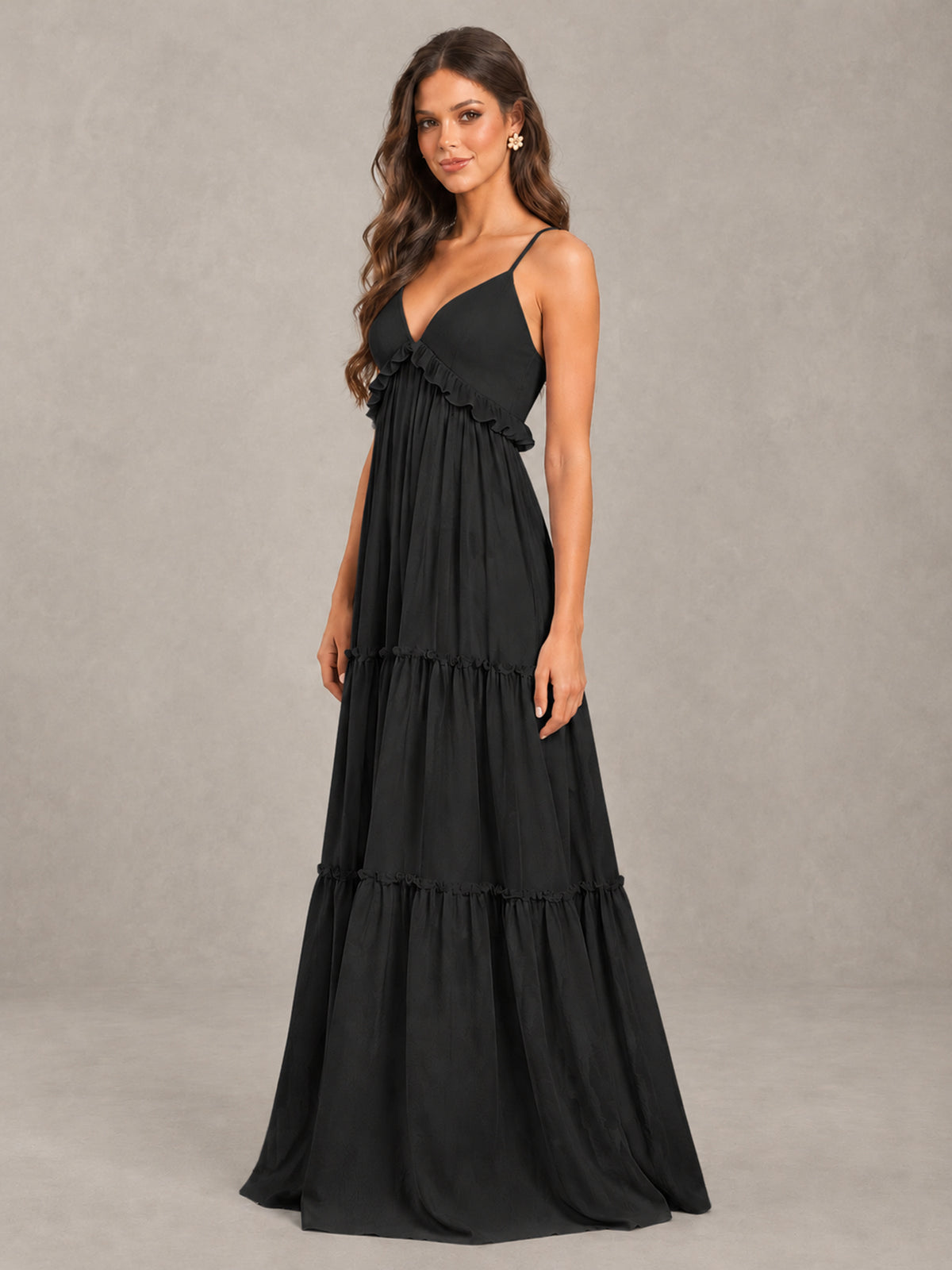 BOLODOO Black Tiered V-Neck Lace-Up Back Bridesmaid Dress - Black - Black (3)
