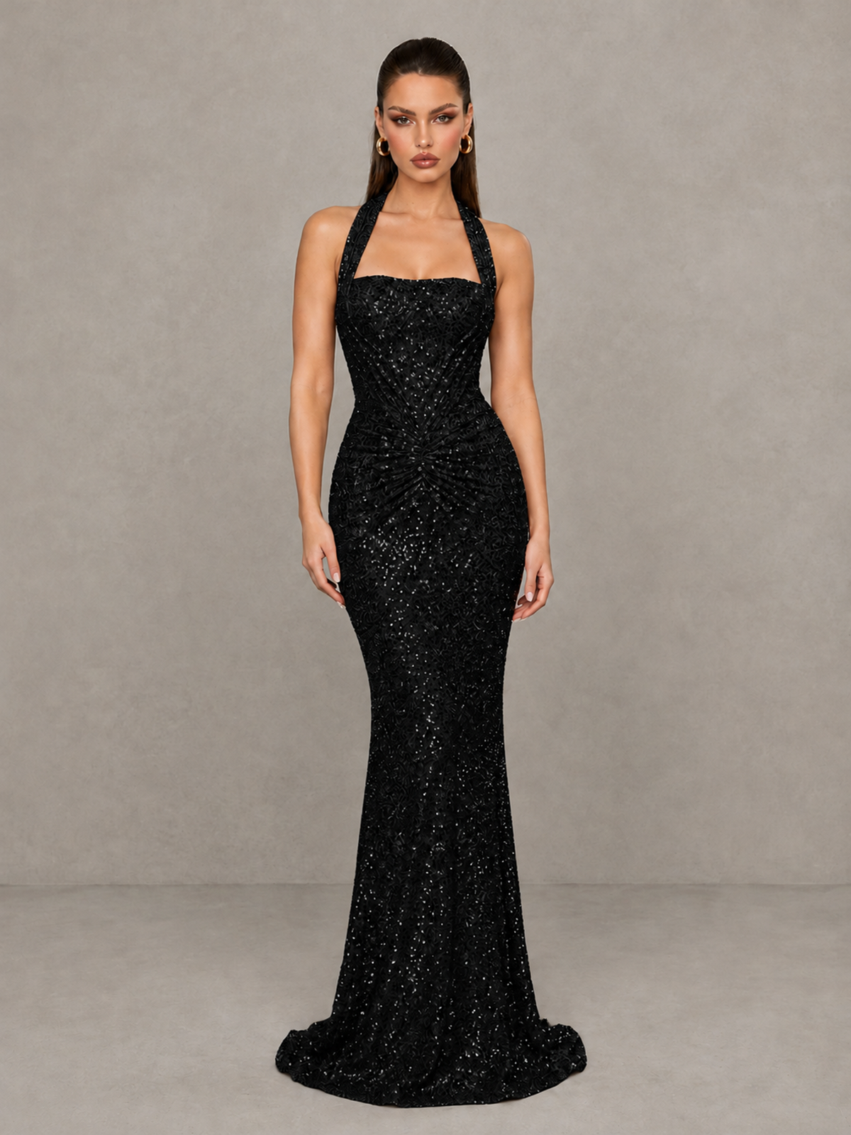 BOLODOO Black Sequin Halter Mermaid Evening Gown - Black - Black (3)