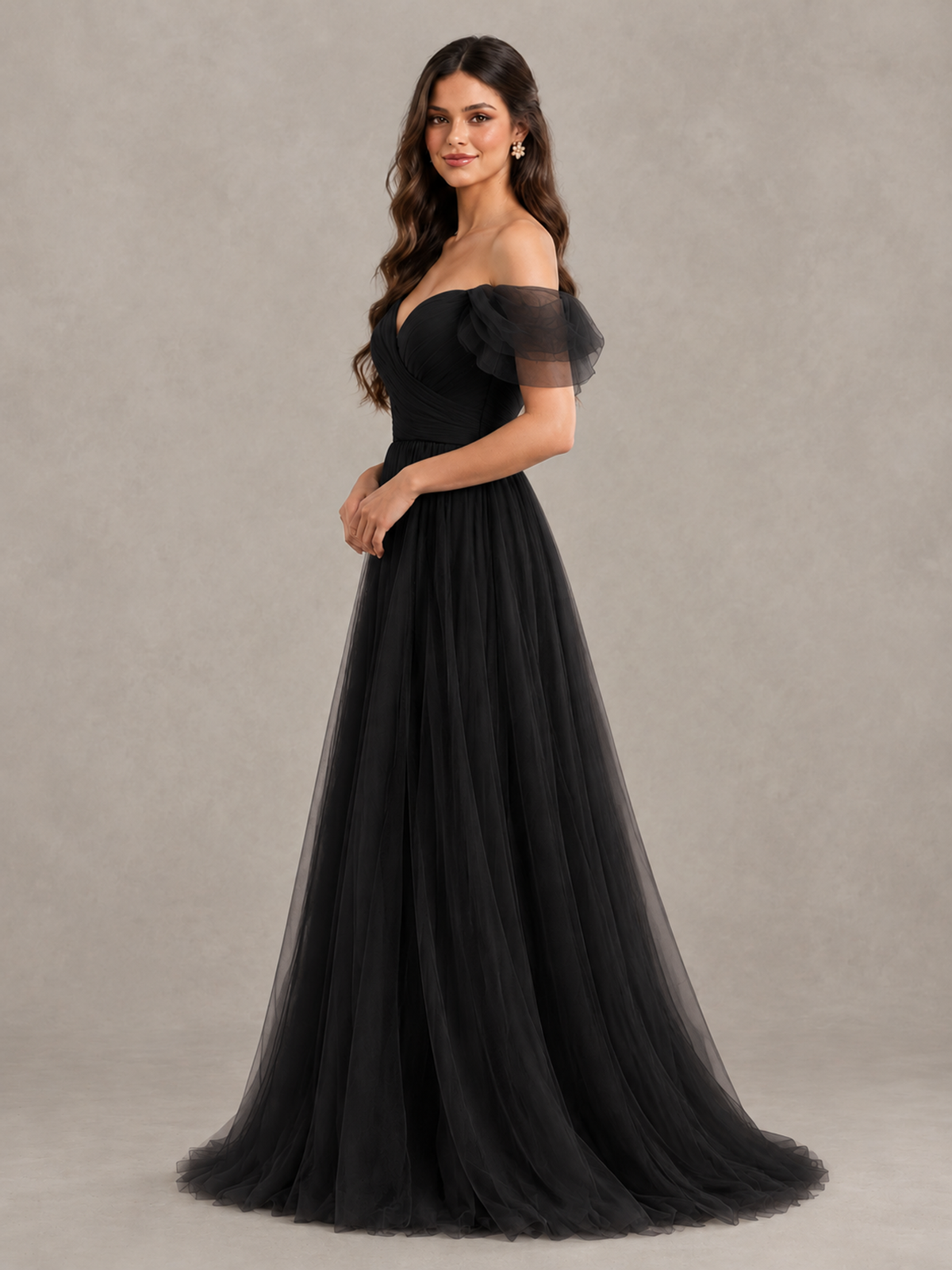 BOLODOO Black Off-the-Shoulder Ruffle Sleeve A-Line Bridesmaid Dress - Black - Black (3)