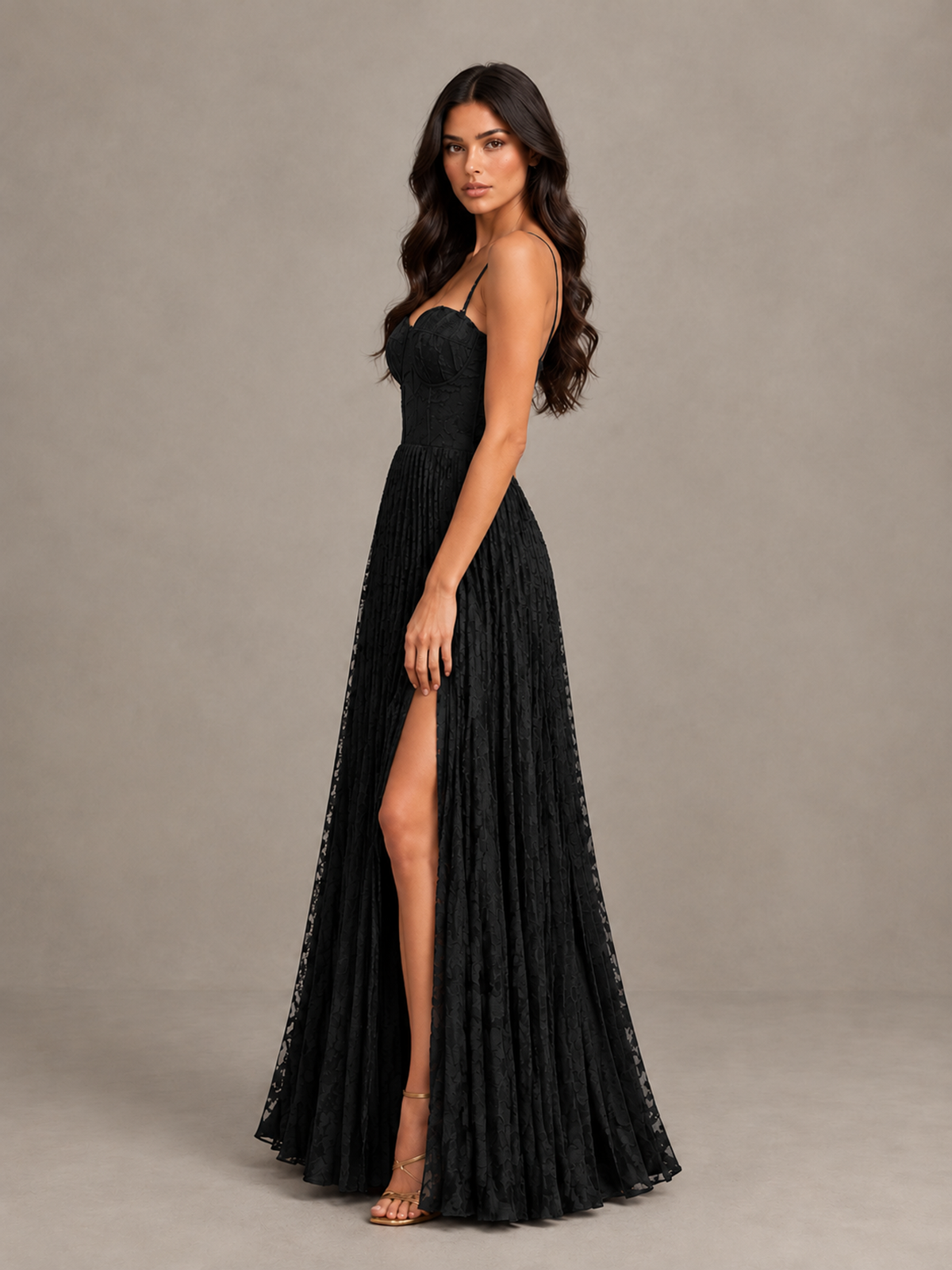 BOLODOO Black Pleated Bridesmaid Dress with Sweetheart Neckline & Slit - Black - Black (3)