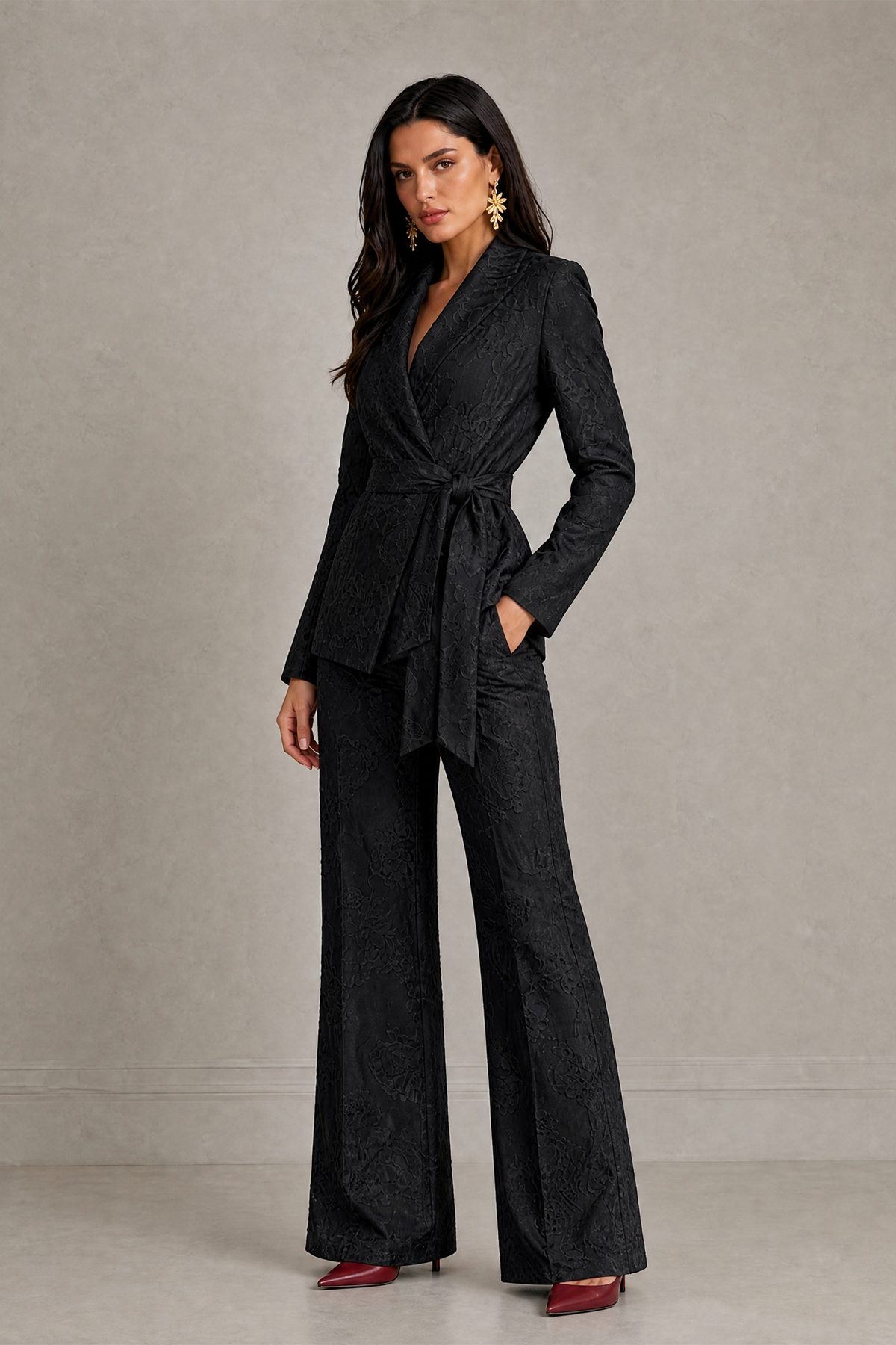 BOLODOO Black Textured Jacquard Wrap Blazer Pantsuit with Wide-Leg Trousers - Black