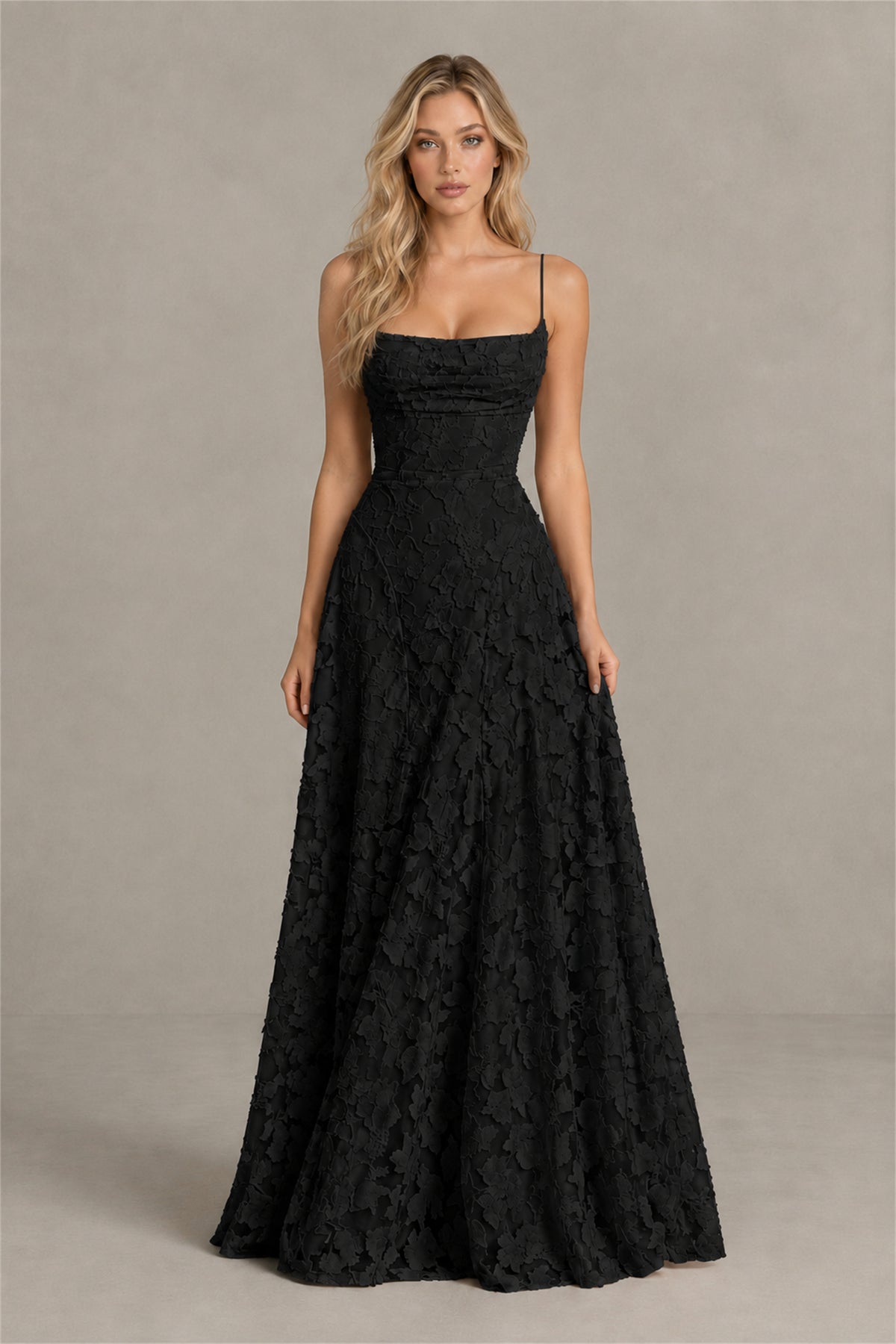 BOLODOO Black Floral Appliqué Lace-Up Back Maxi Dress - Black