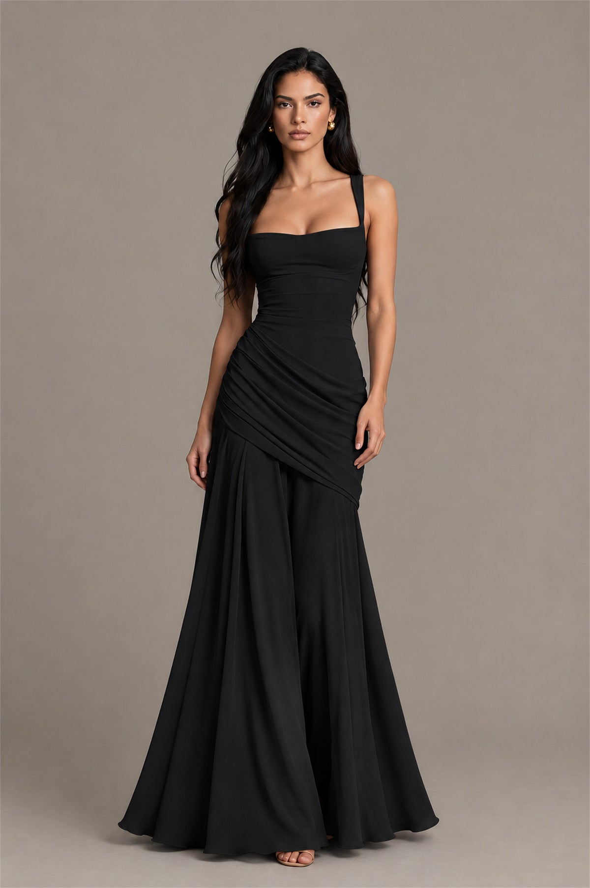 BOLODOO Square Neck Ruched A-Line Maxi Dress - Black Backless Evening Gown - Black