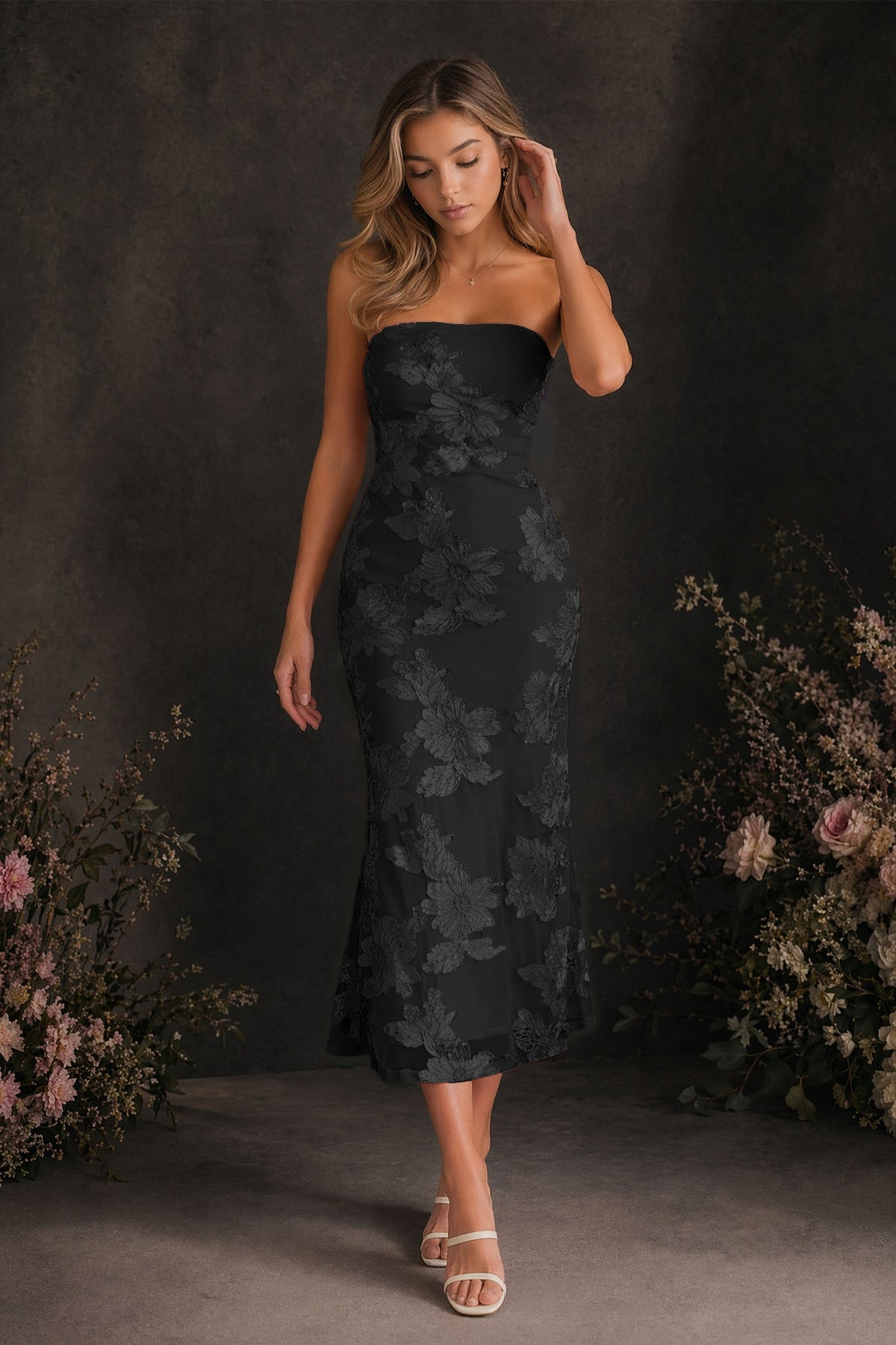 BOLODOO Black Tonal Floral Embroidered Mesh Strapless Open Back Bodycon Midi Tea Length Dress - Black