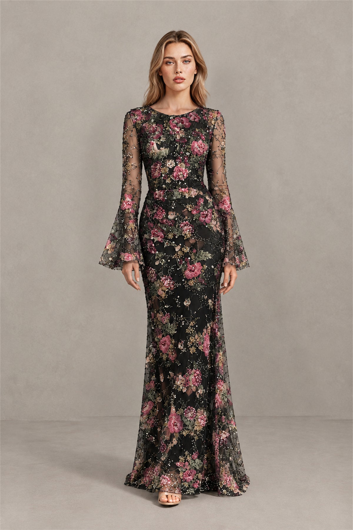 BOLODOO Floral Embroidered Tulle Black Mermaid Gown with Long Bell Sleeves - Black