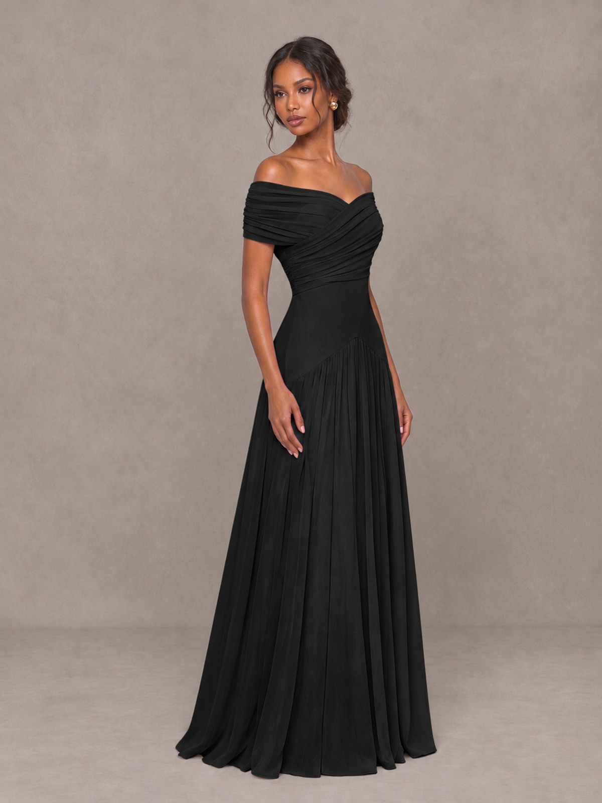 BOLODOO Black Off-Shoulder Ruched A-Line Bridesmaid Dress - Black - Black (3)