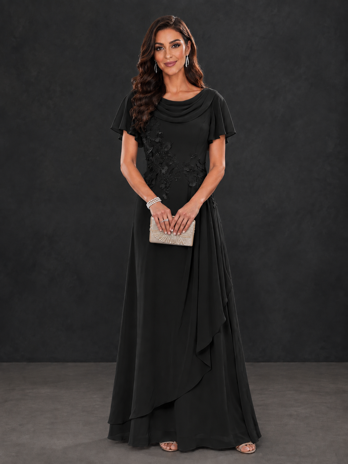 BOLODOO Black Floral Flutter Sleeve Mother of the Bride Dress - Black