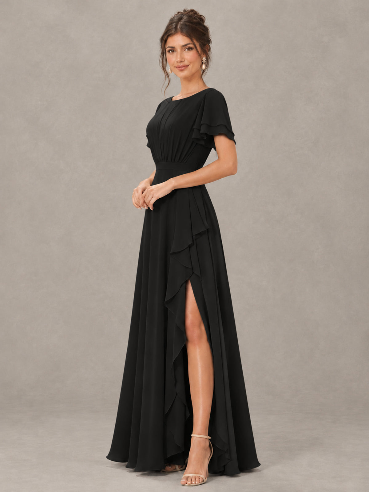 BOLODOO Black Flutter Sleeve Ruffle Bridesmaid Dress with Slit - Black - Black (3)