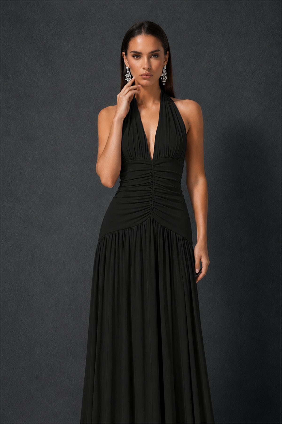 BOLODOO Black Halter Deep V-Neck Ruched Chiffon Open Back Maxi Dress with Draped Neck Tie - Black