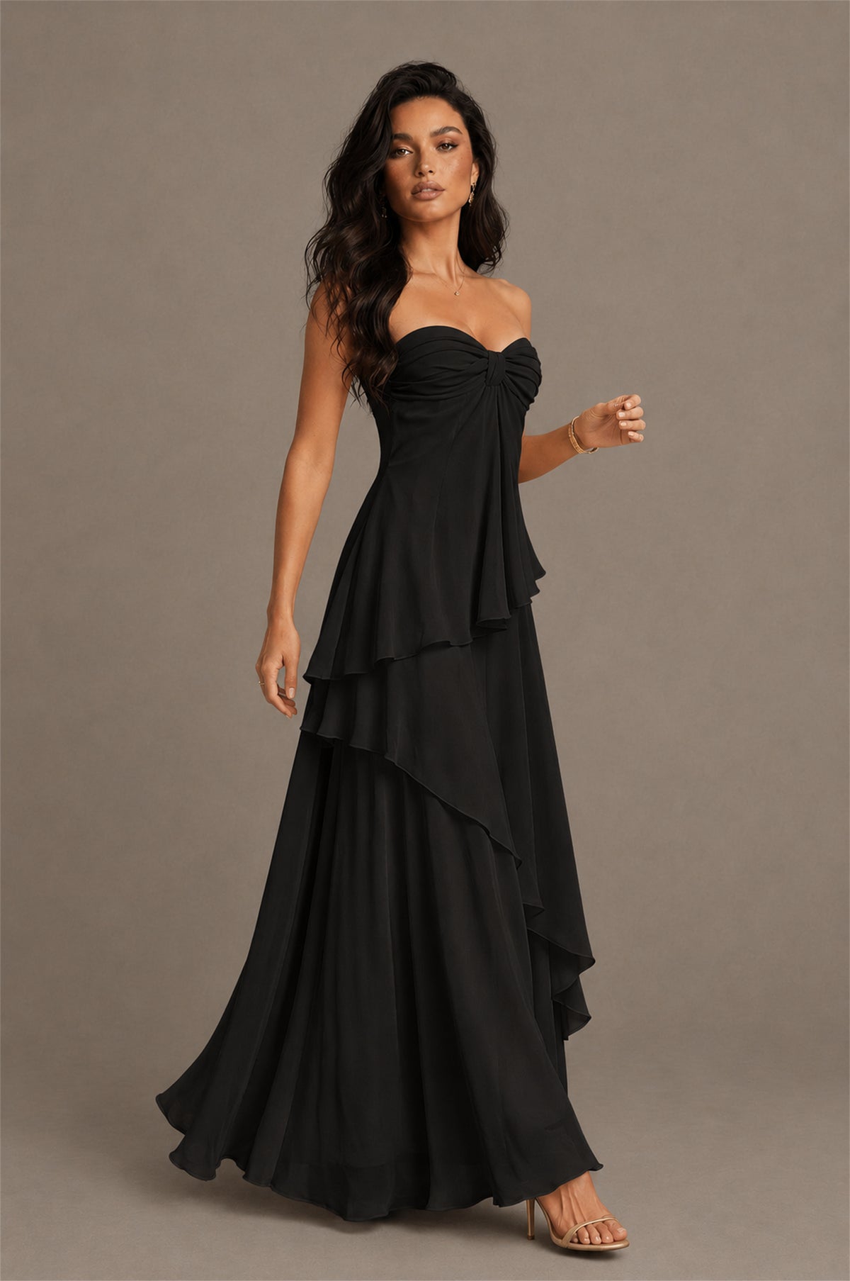 BOLODOO Black Strapless Sweetheart Knotted Chiffon Tiered Maxi Dress with Lace-Up Back - Black