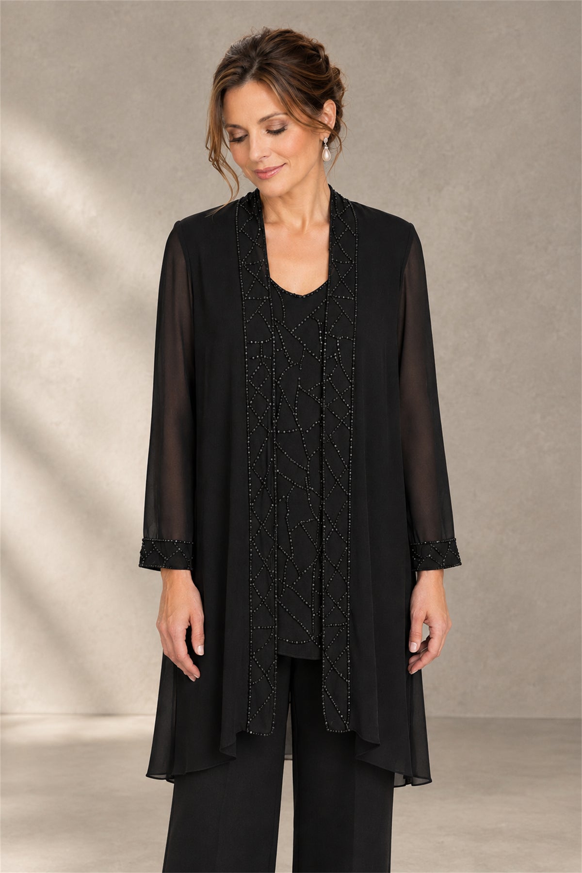 BOLODOO Black 3-Piece Beaded Chiffon Duster Jacket Pant Suit - Black