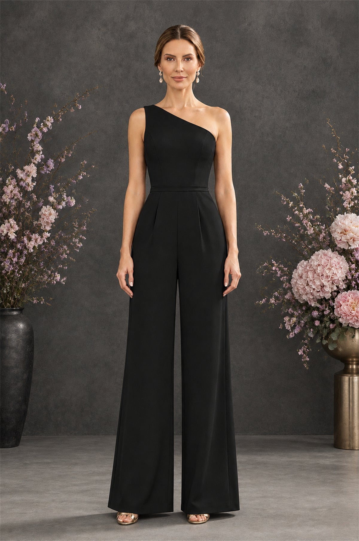 BOLODOO Black 2-Piece Set: Off-Shoulder 3D Floral Cape Gown & One-Shoulder Wide-Leg Jumpsuit | BD0373 - Black