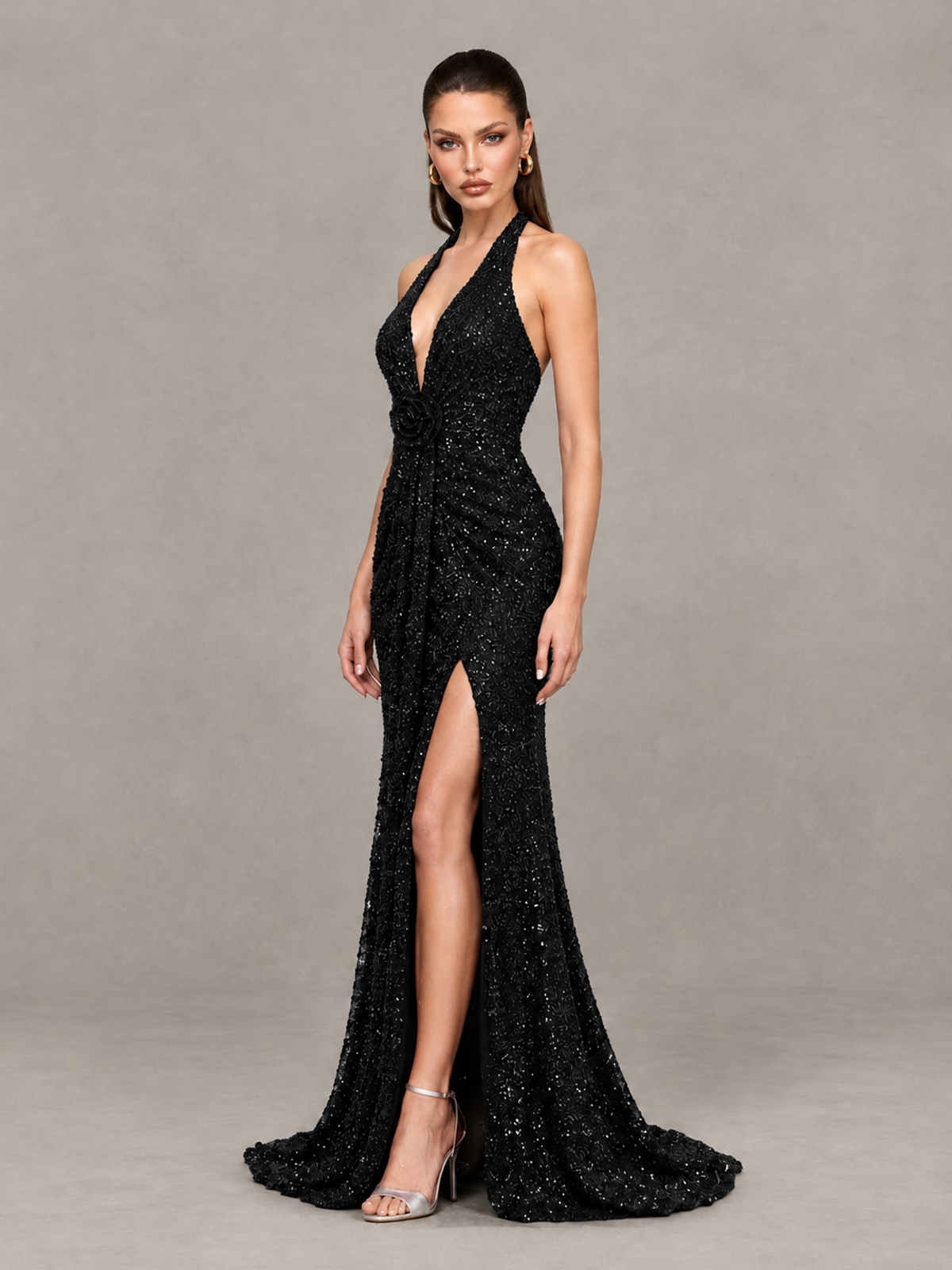 BOLODOO Black Sequin Halter Open Back Evening Gown with High Slit - Black - Black (3)
