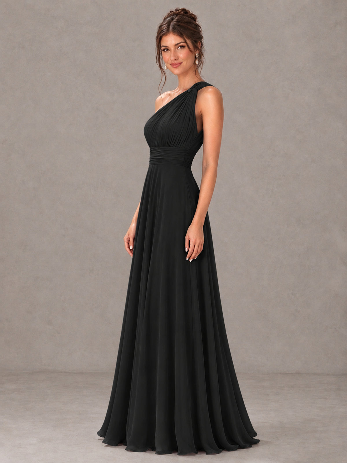 BOLODOO Black One-Shoulder Chiffon-Look Bridesmaid Dress - Black - Black (3)