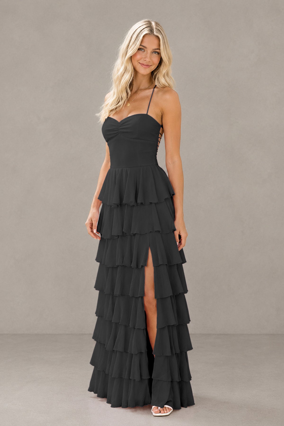 BOLODOO Black Strapless Tiered Ruffle Maxi Dress with Slit & Lace-Up Back - Black
