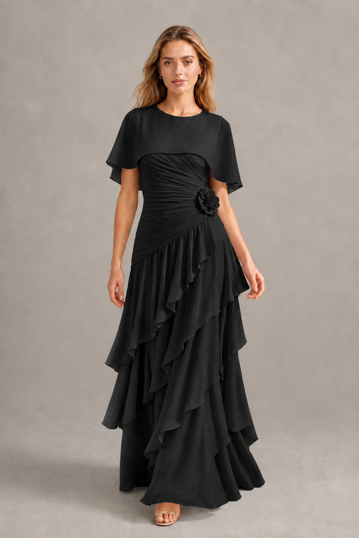 BOLODOO Black Chiffon Flutter Sleeve Tiered Maxi Dress with 3D Rosette - Black
