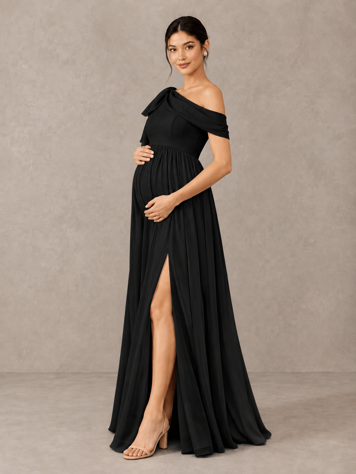 BOLODOO Black One-Shoulder Maternity Bridesmaid Dress with Slit - Black - Black (3)