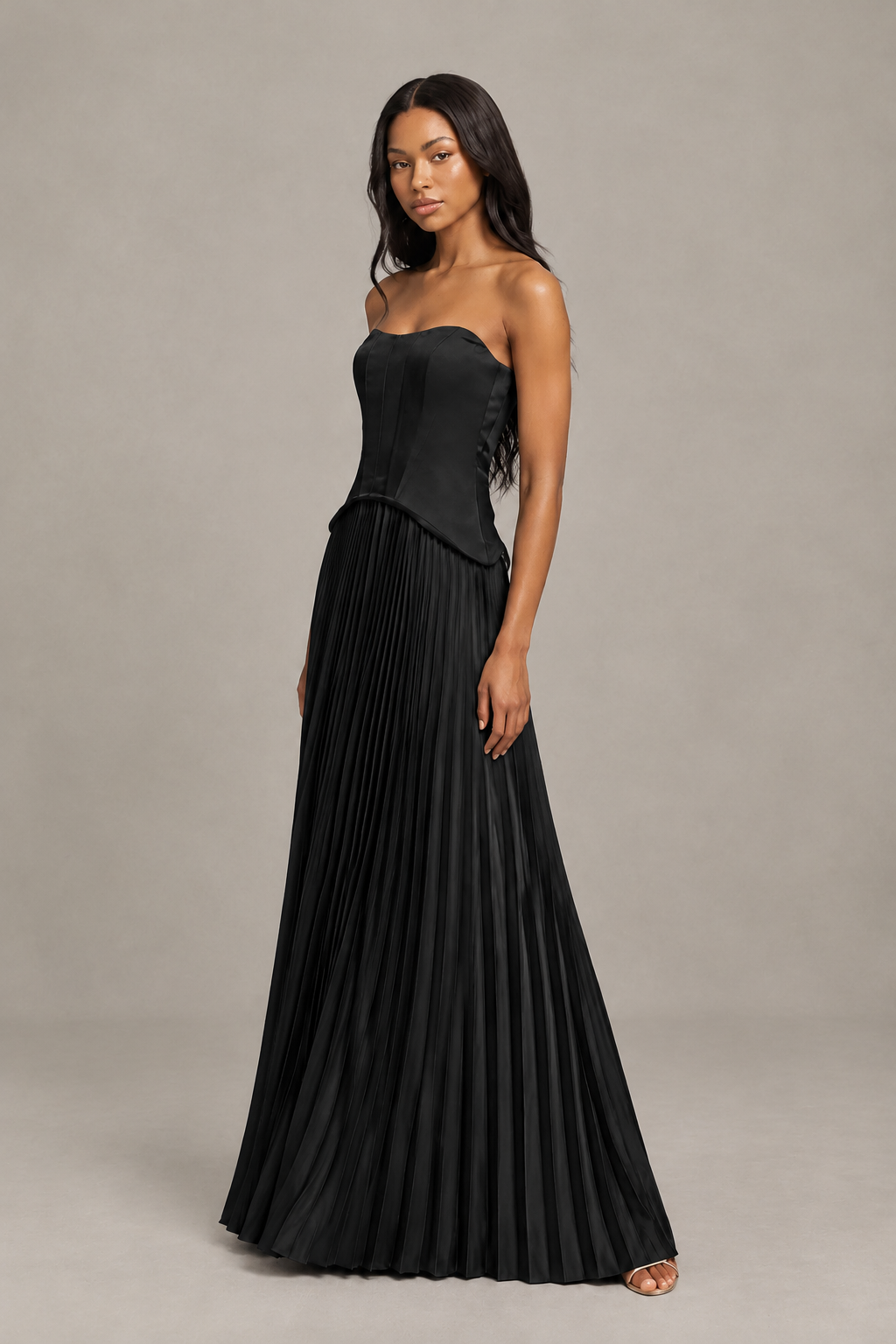 BOLODOO Black Strapless Pleated Satin Evening Prom Dress - Black