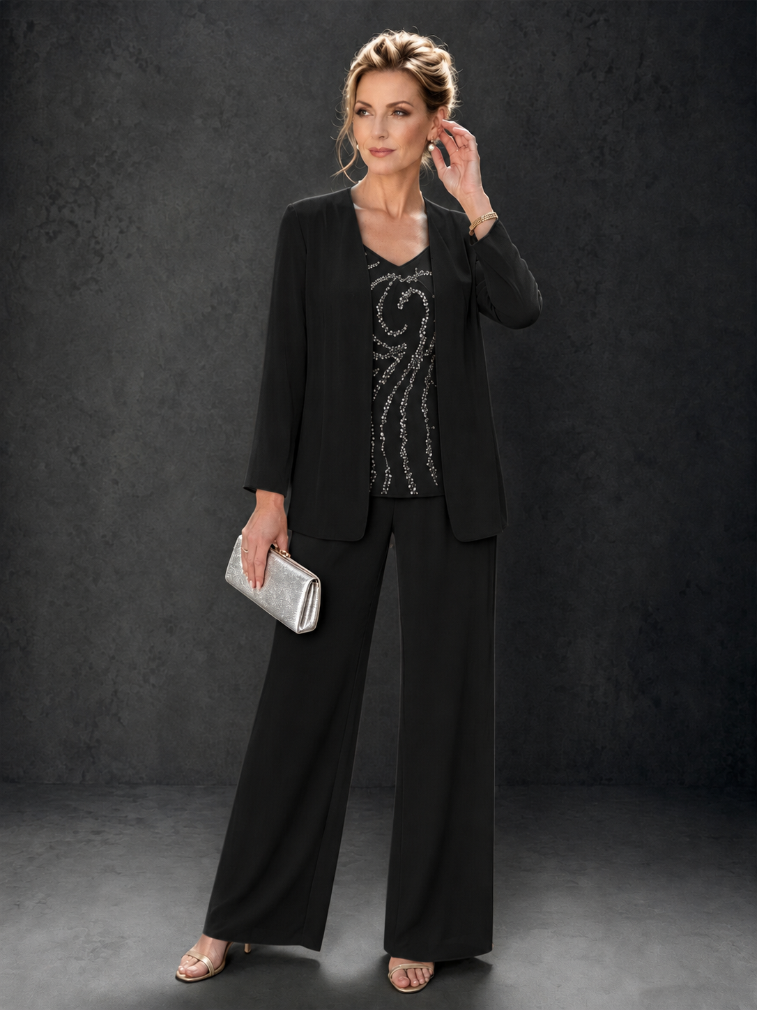 BOLODOO Black 3-Piece Mother of the Bride Pant Suit with Beaded Top & Chiffon Jacket - Black