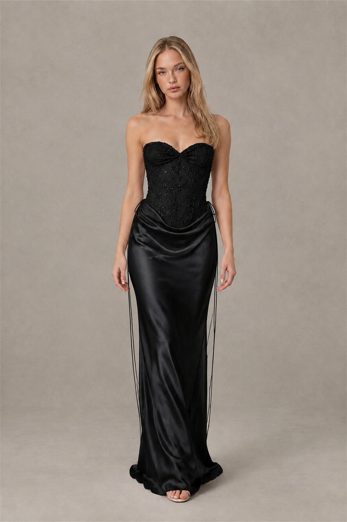 BOLODOO Black Strapless Embellished Corset Satin-Look Maxi Dress - Black