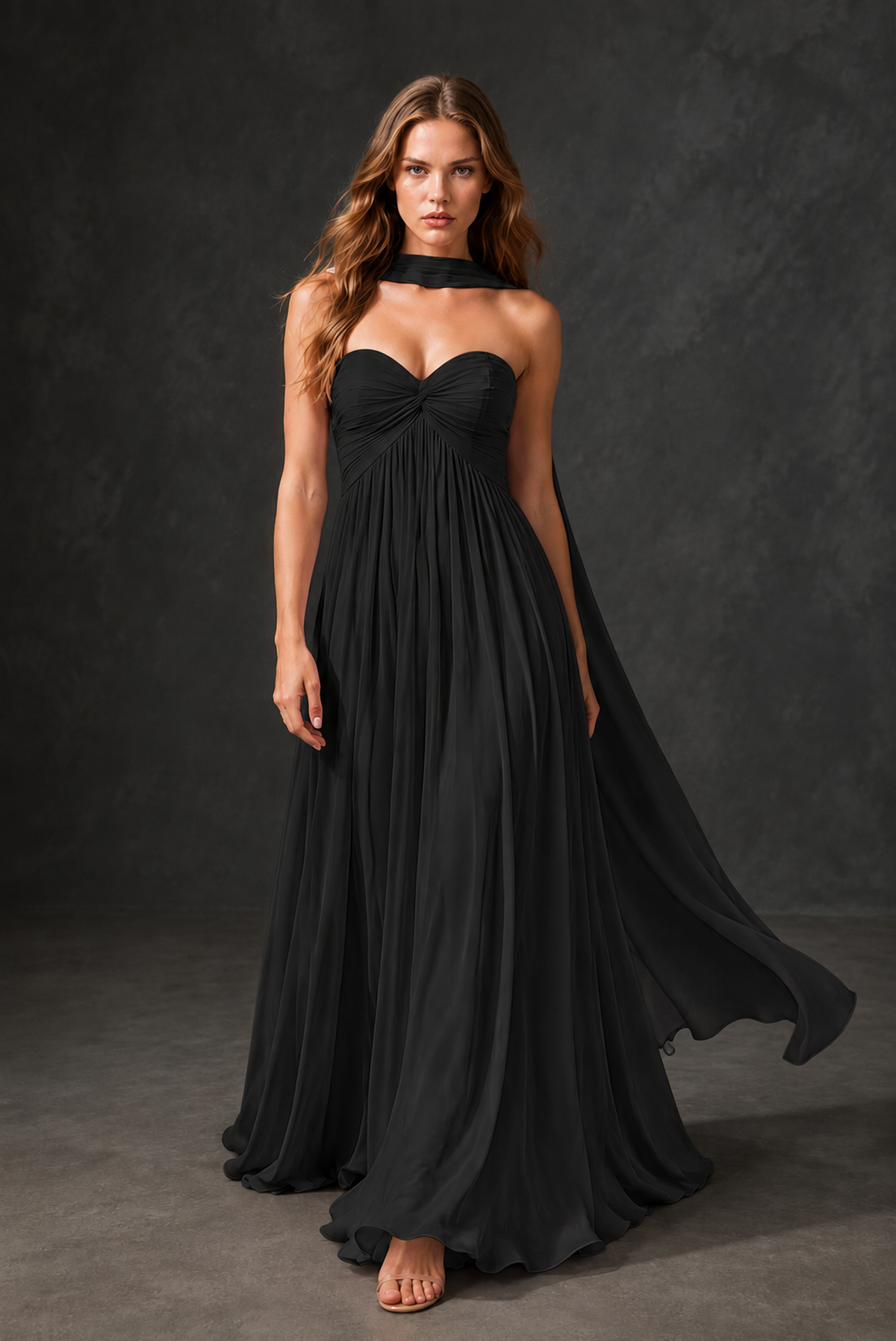 BOLODOO Black Sweetheart Strapless Twist Knot Detached Halter Scarf Lace-Up Back Empire Waist Chiffon Maxi Dress - Black