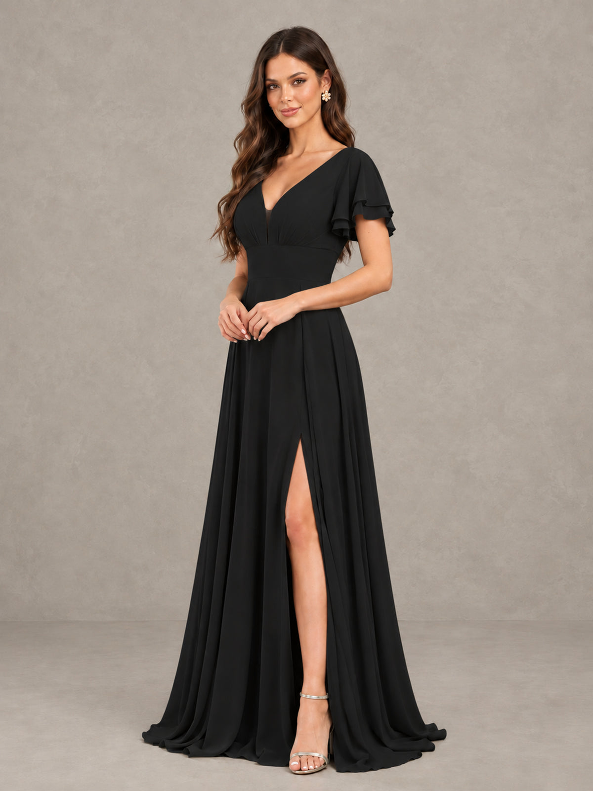 BOLODOO Black Flutter Sleeve Chiffon A-Line Maxi Bridesmaid Dress with Open Back & Slit - Black - Black (3)